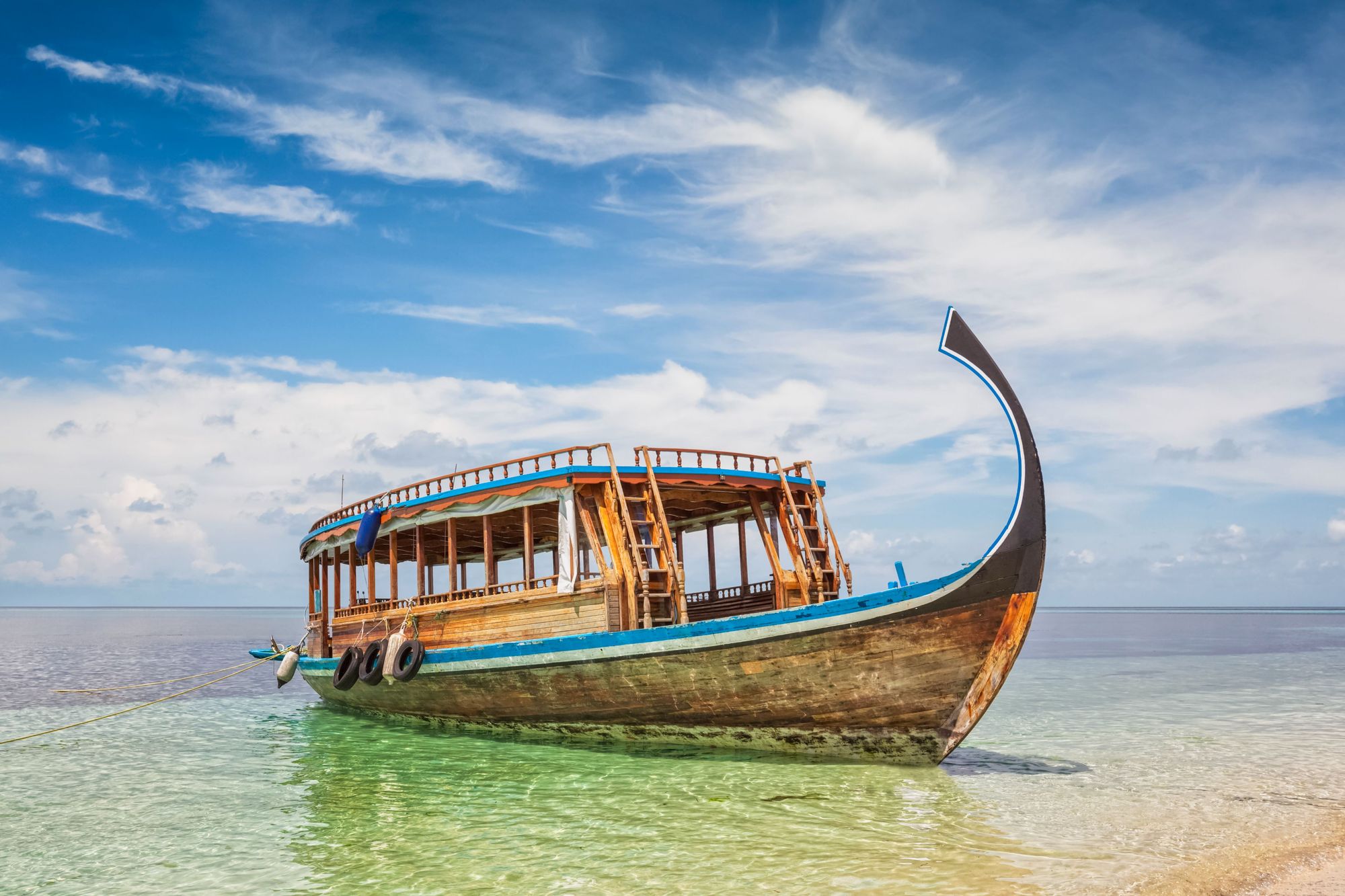 A traditional dhoni boat in the Maldives