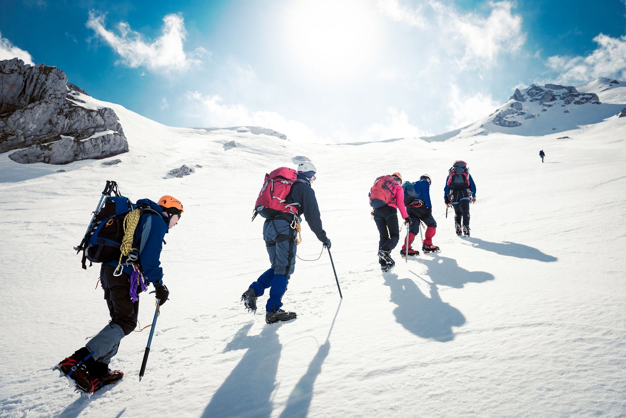 Climbers on the snowy slope of Yala Peak, in the Himalayas, Nepal