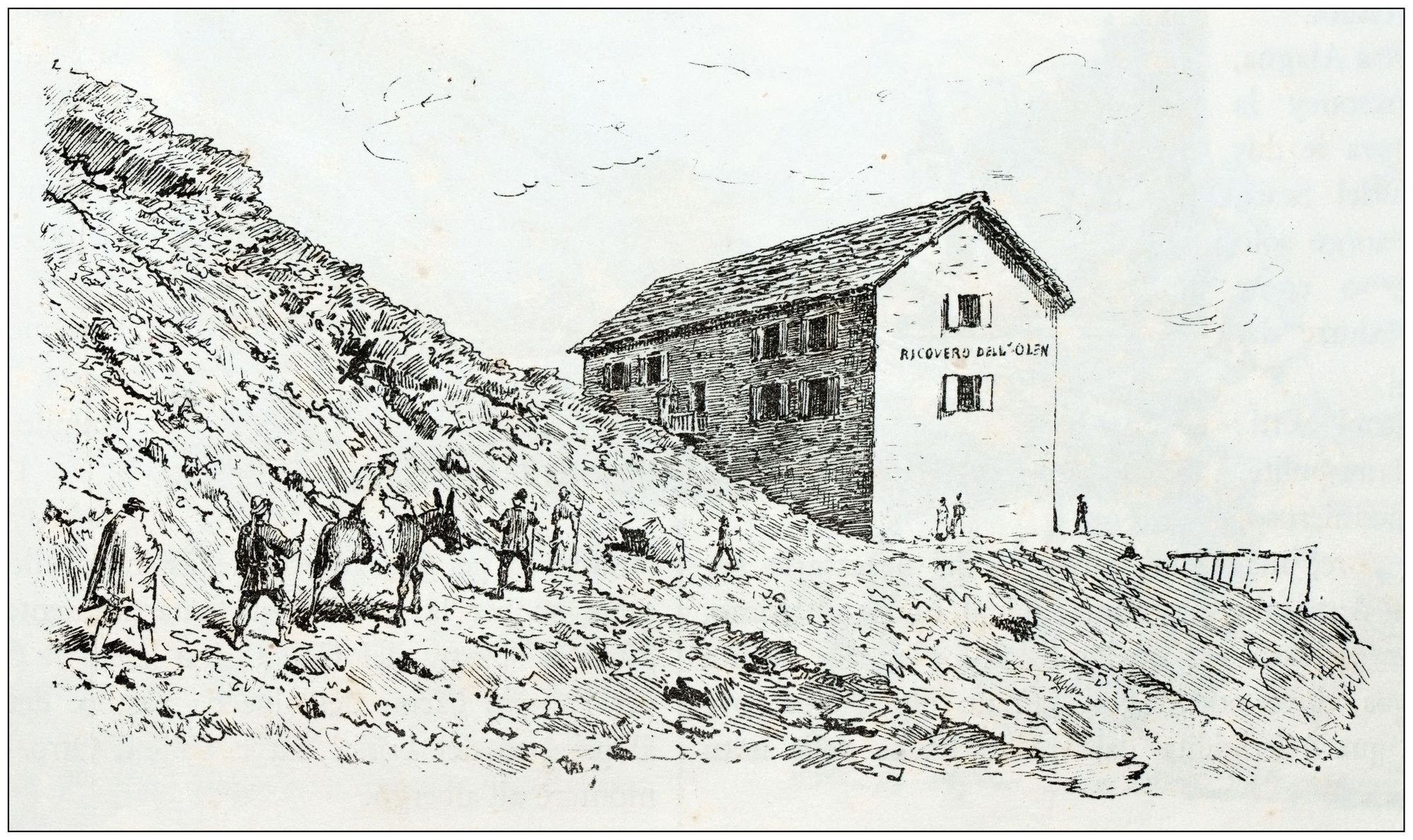 An illustration of a group of hikers, including a woman riding side saddle, arriving at a mountain hut in the Italian Alps, Valsesia, Piedmont. Illustration: Getty