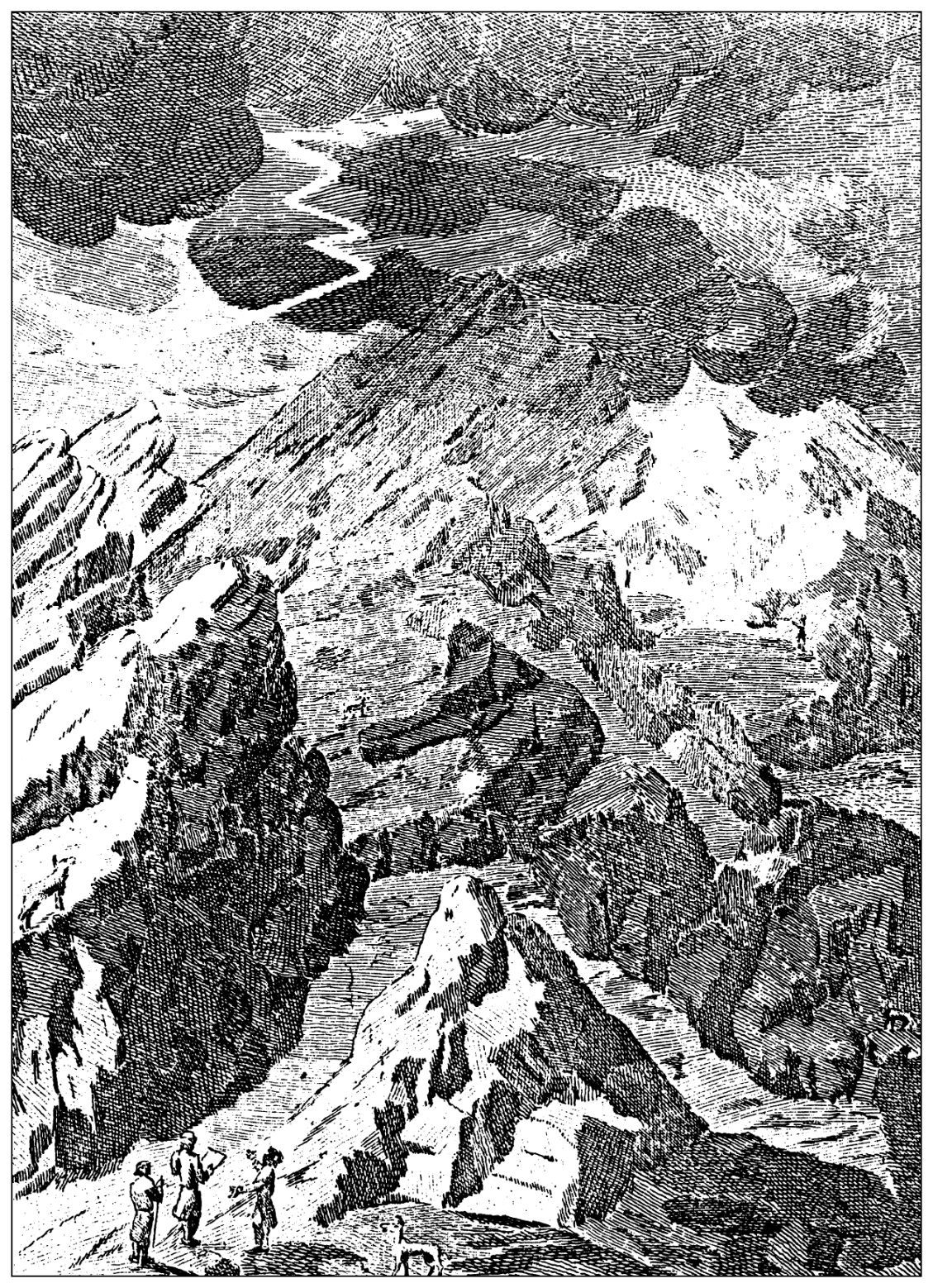 An antique (circa 1790) engraving of Italian Alps mountains and Monte Rosa, 60 years before Mrs. Henry Warwick Cole visited. Illustration: Getty