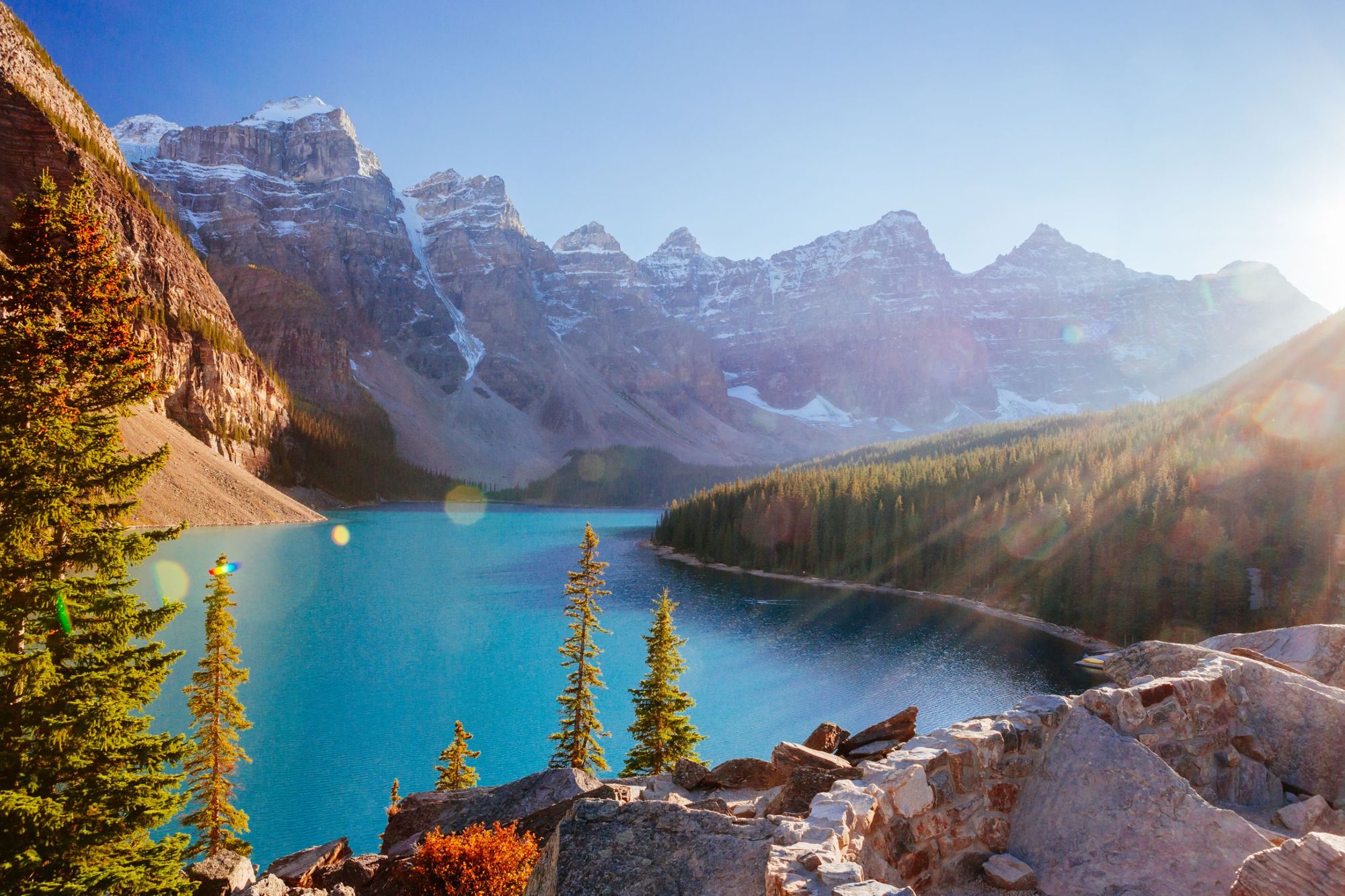 Moraine Lake is a glacially-fed lake in Banff National Park, 14 km outside of Lake Louise, in the Valley of the Ten Peaks. Photo: Getty
