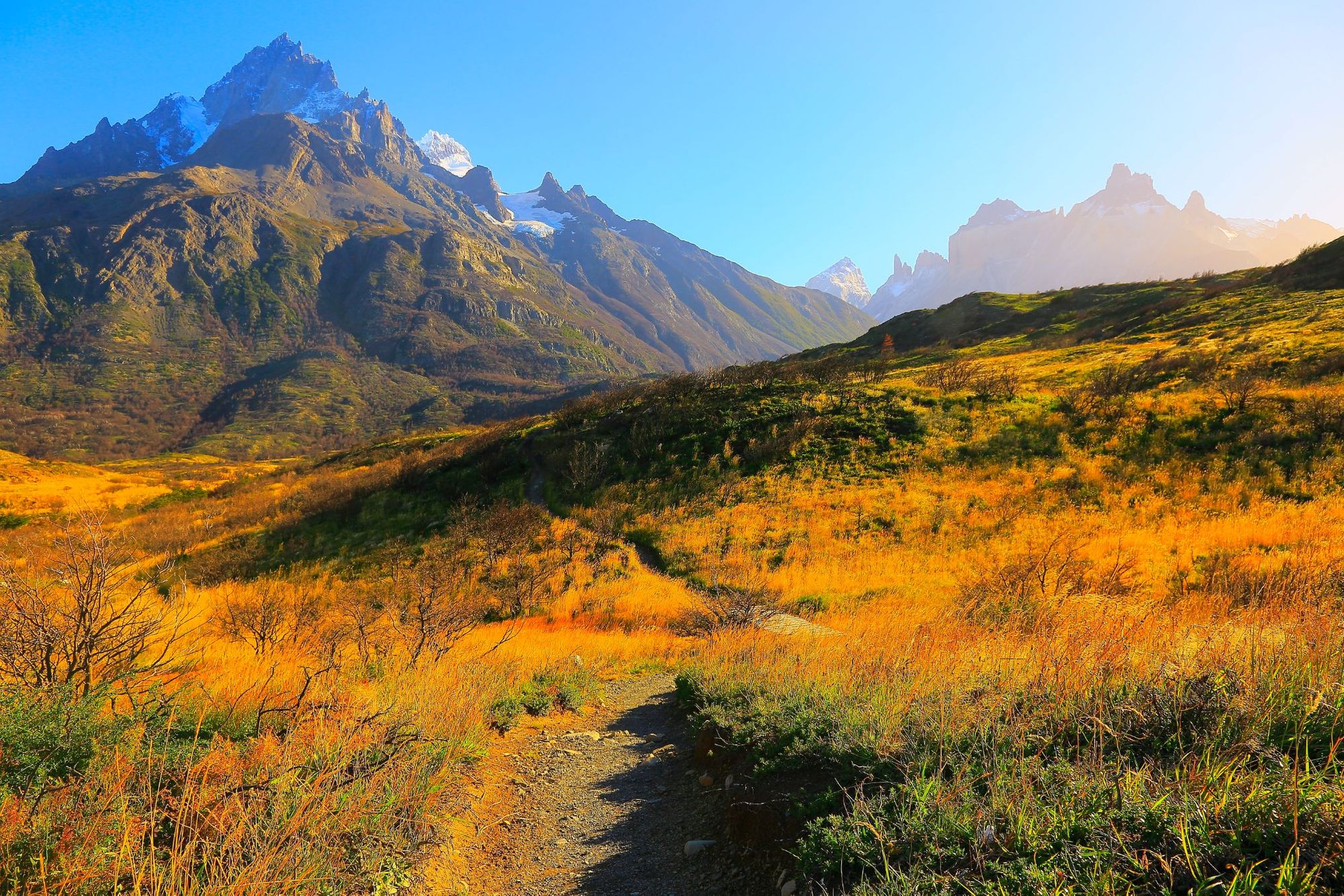 A golden sunrise over the Horns of Paine on a hiking trail in Torres Del Paine, in Patagonia. Photo: Getty