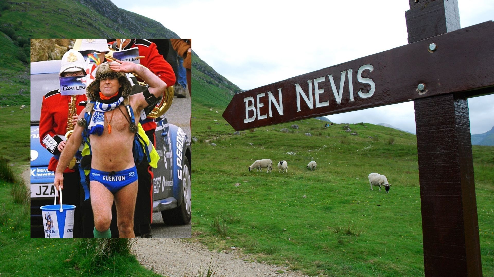 Speedo Mick, inset, summitted Ben Nevis in January, and has now passed 500 miles walking around the British Isles. Photo: Speedo Mick Foundation (front), Getty (back)