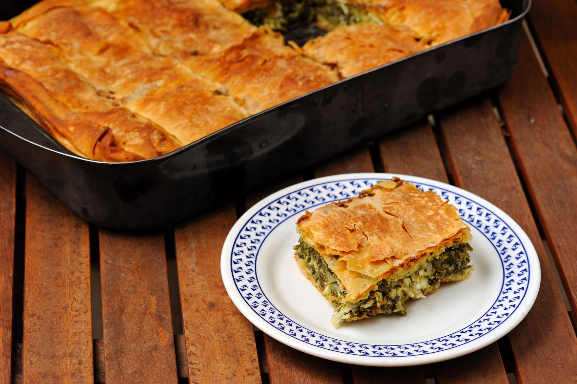 A dish of Spanakopita, Greek spinach and feta pie.