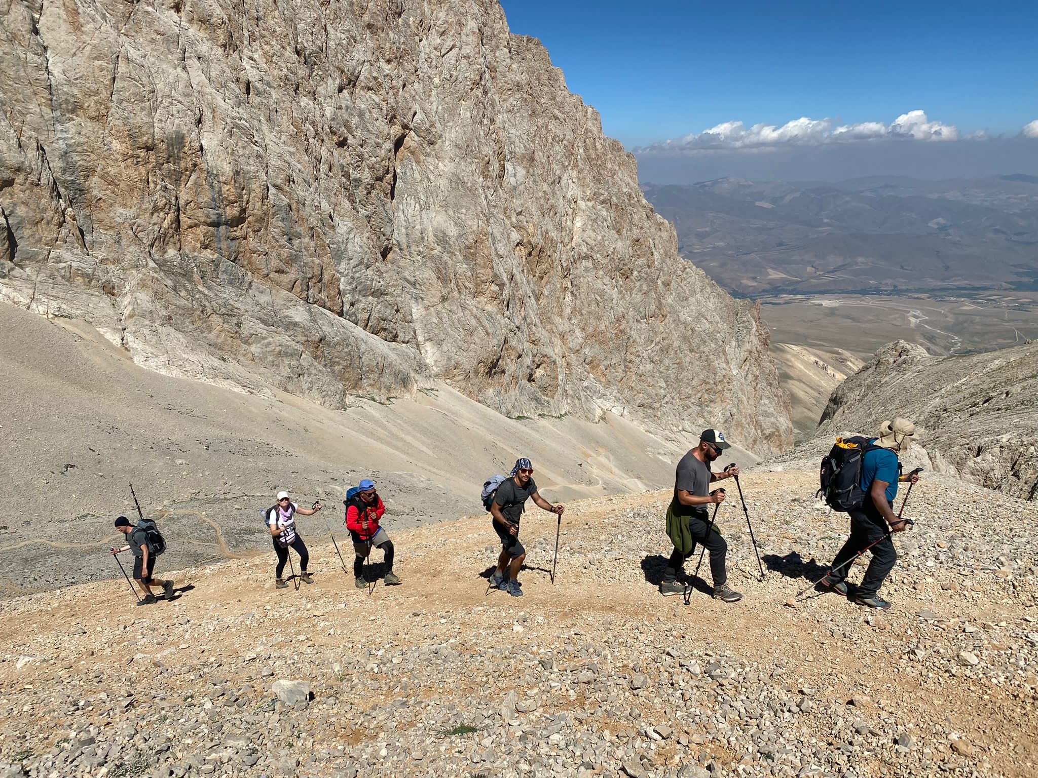 A group of hikers scale a mountain in Turkey's Aladaglar Range.