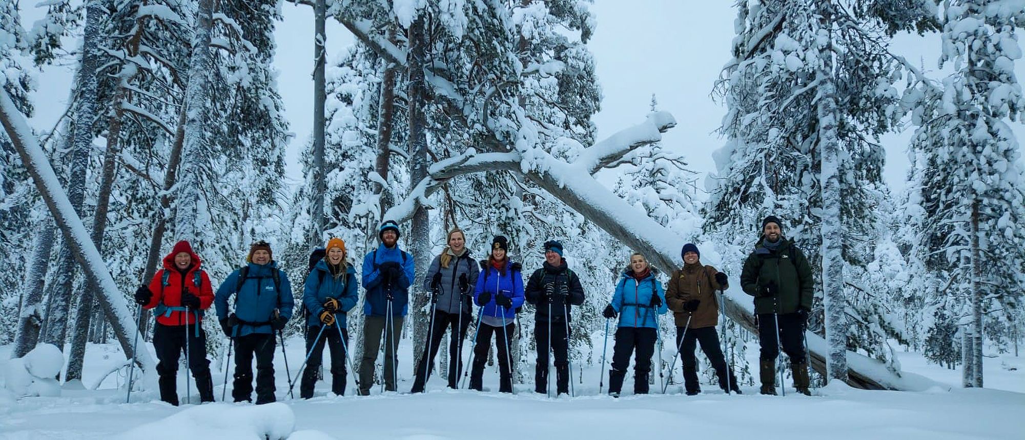 Hikers in the snowy forest, Finland.