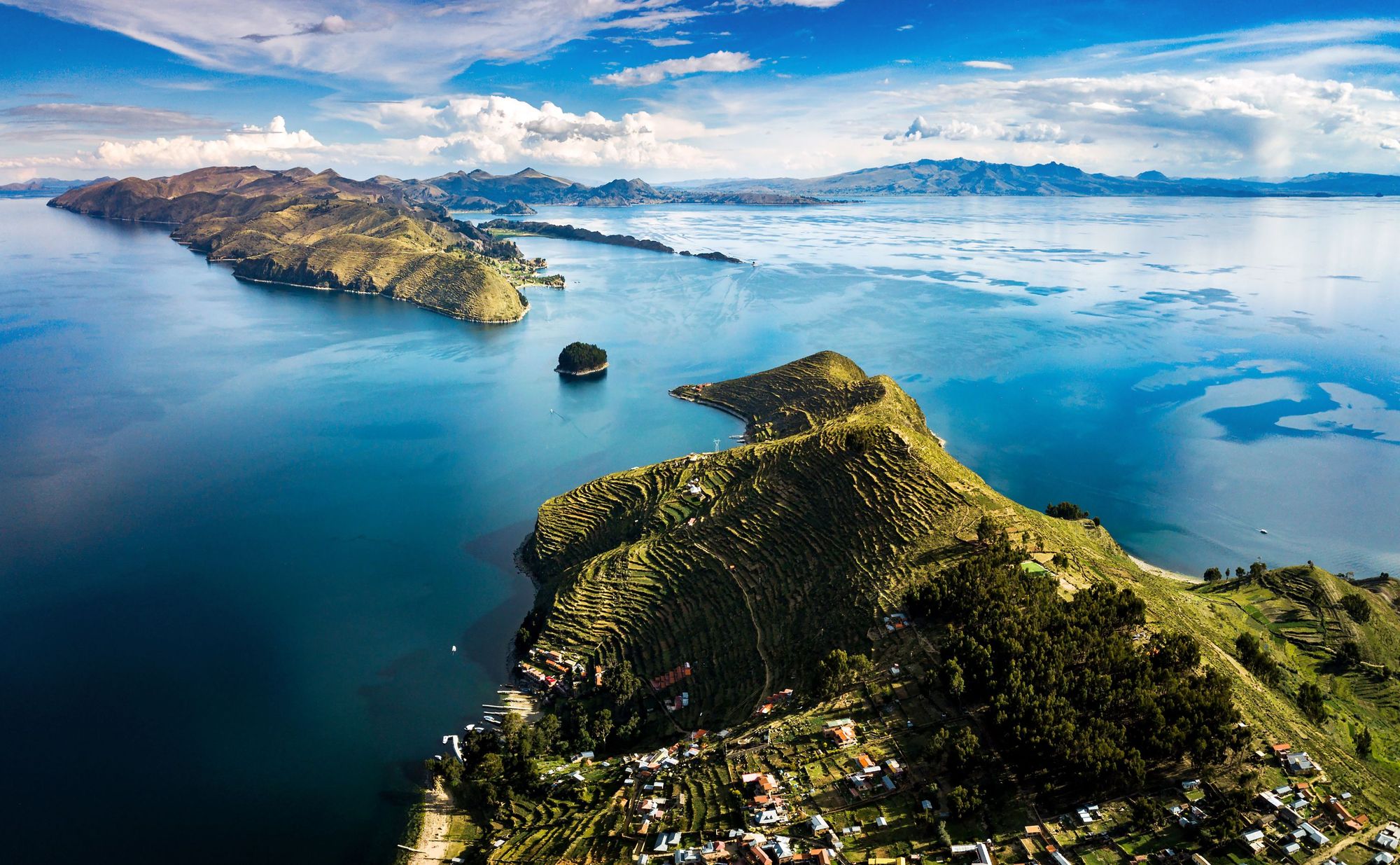 A panoramic view of the Isla del Sol, meaning island of the sun, on Lake Titicaca on the Bolivia-Peru border. Photo: Getty