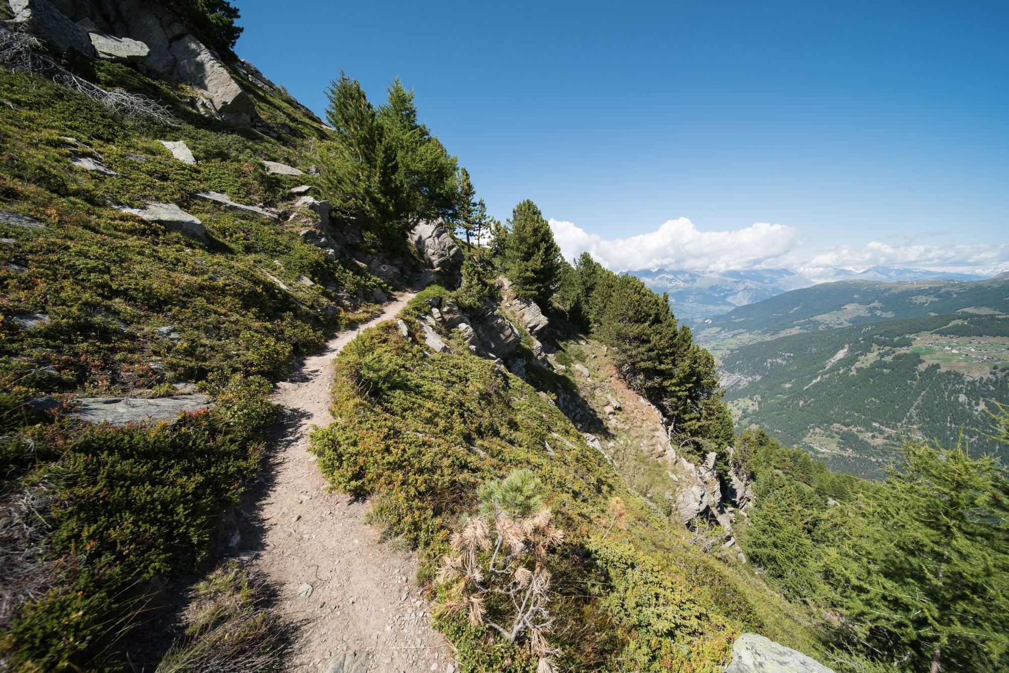 An example of the terrain and views on the high mountain trails above Grächen, in the Swiss Alps. Photo: Getty