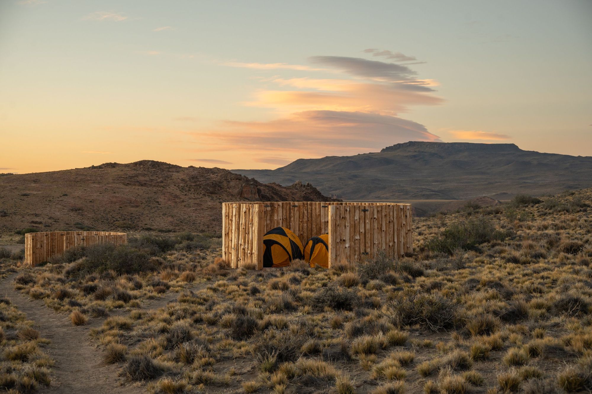 A campsite in the remote Parque Patagonia Argentina, shielded from the wind. Photo: Horacio Barbieri