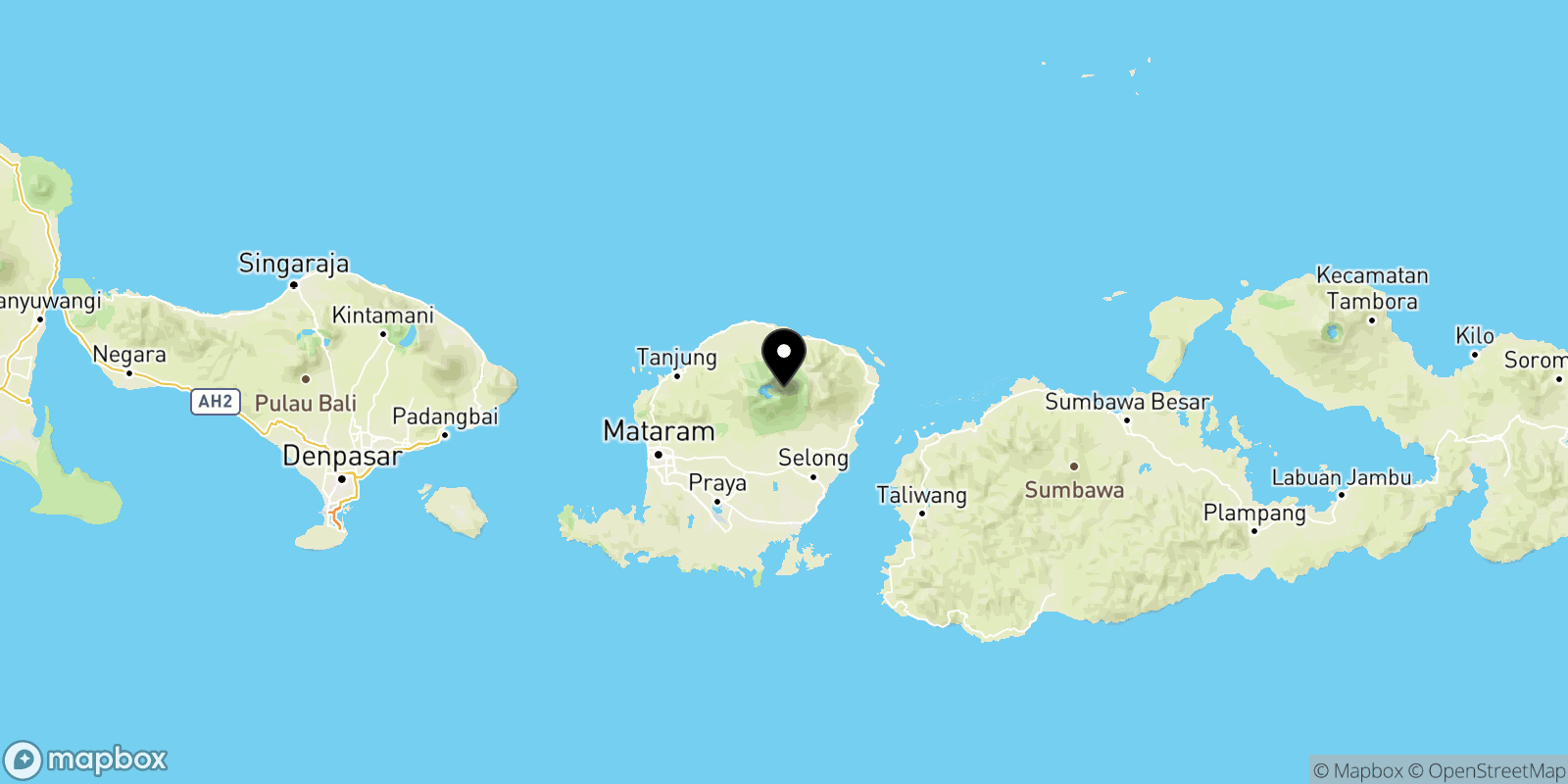 A map of part of Indonesia, including Bali and Lombok. Mount Rinjani is pinned.