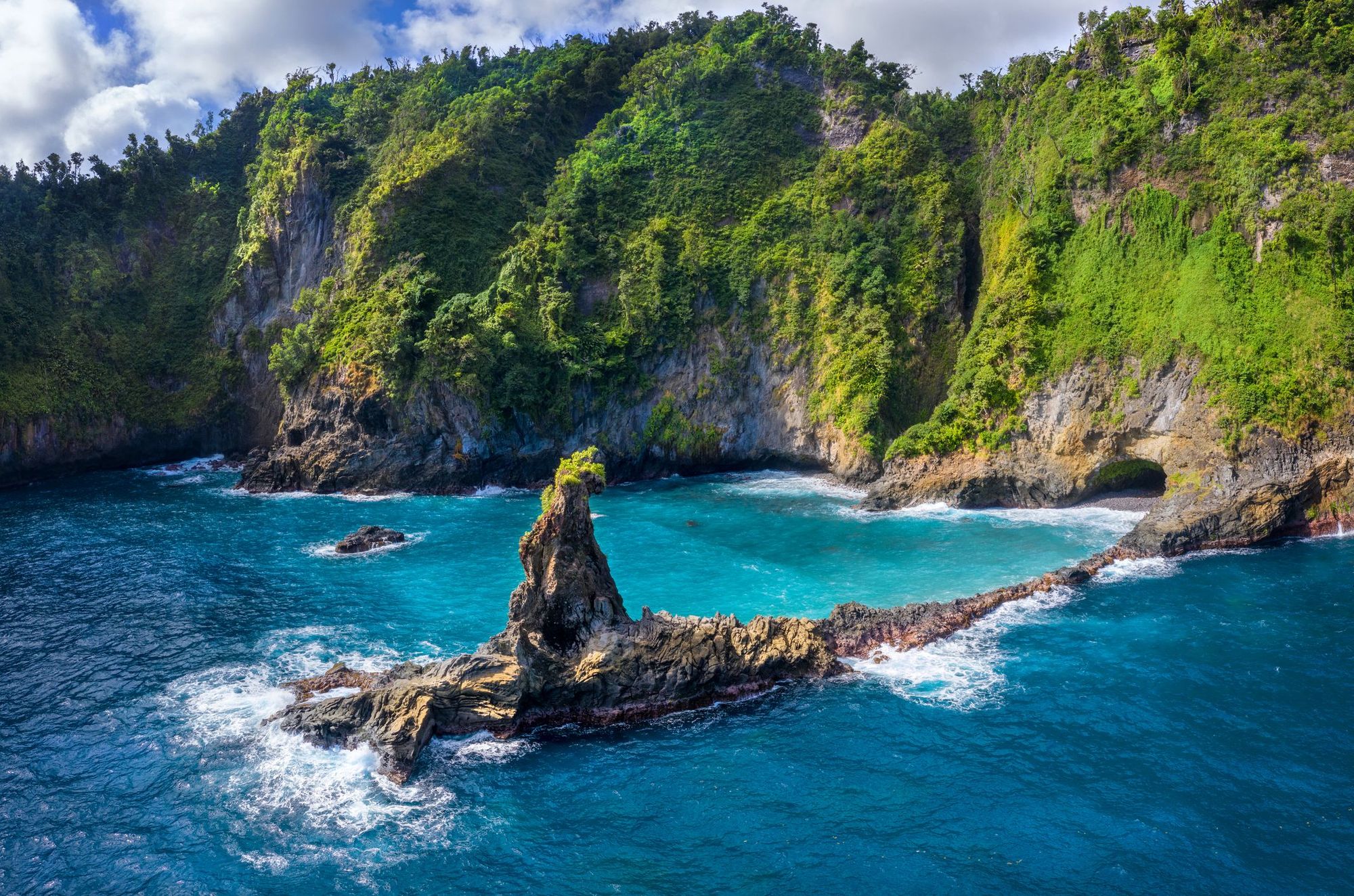 The vibrant coast of Dominica, lined with dramatic cliffs and rock formations.