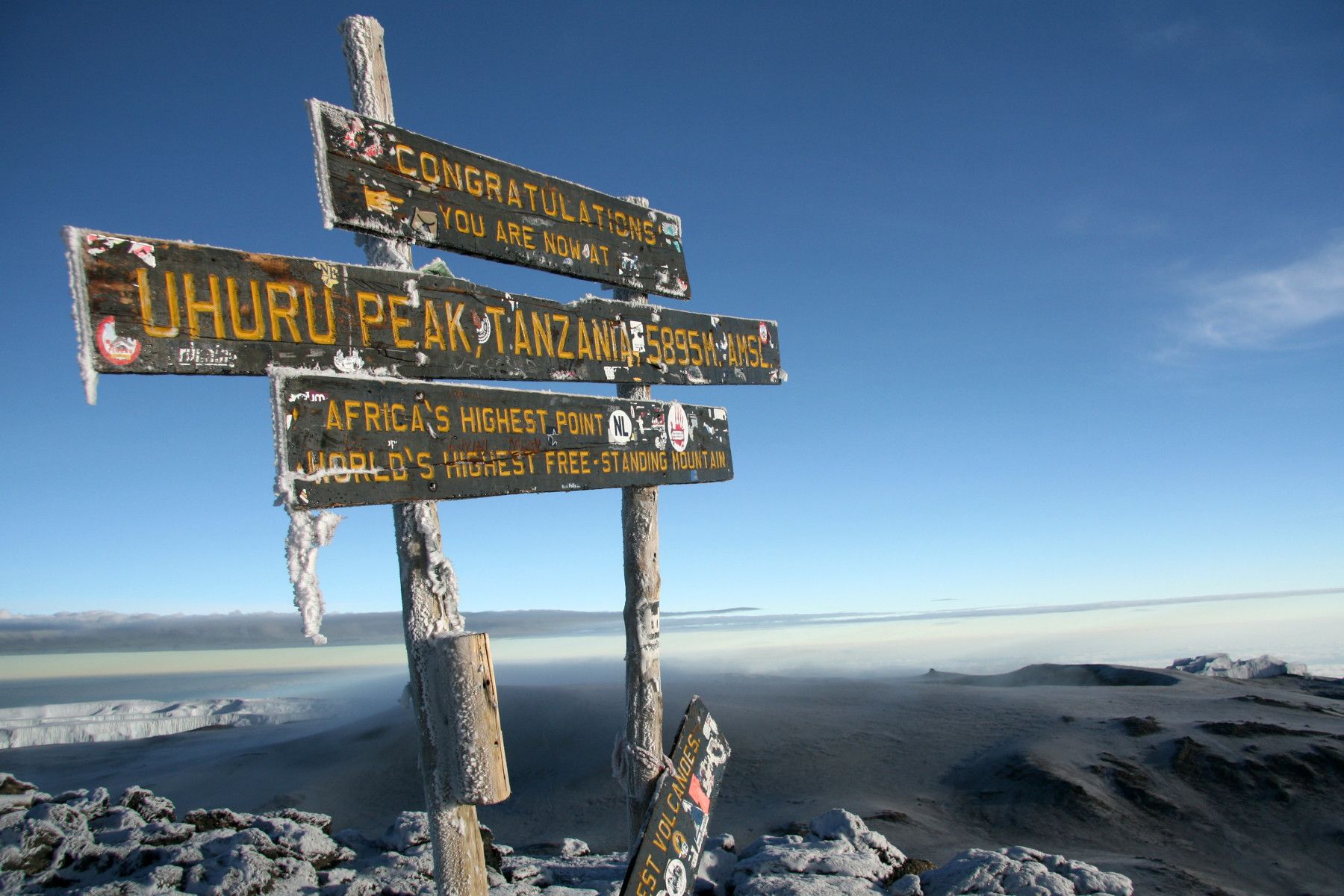 The summit sign on Uhuru Peak, the summit of Mount Kilimanjaro. Photo: Getty.