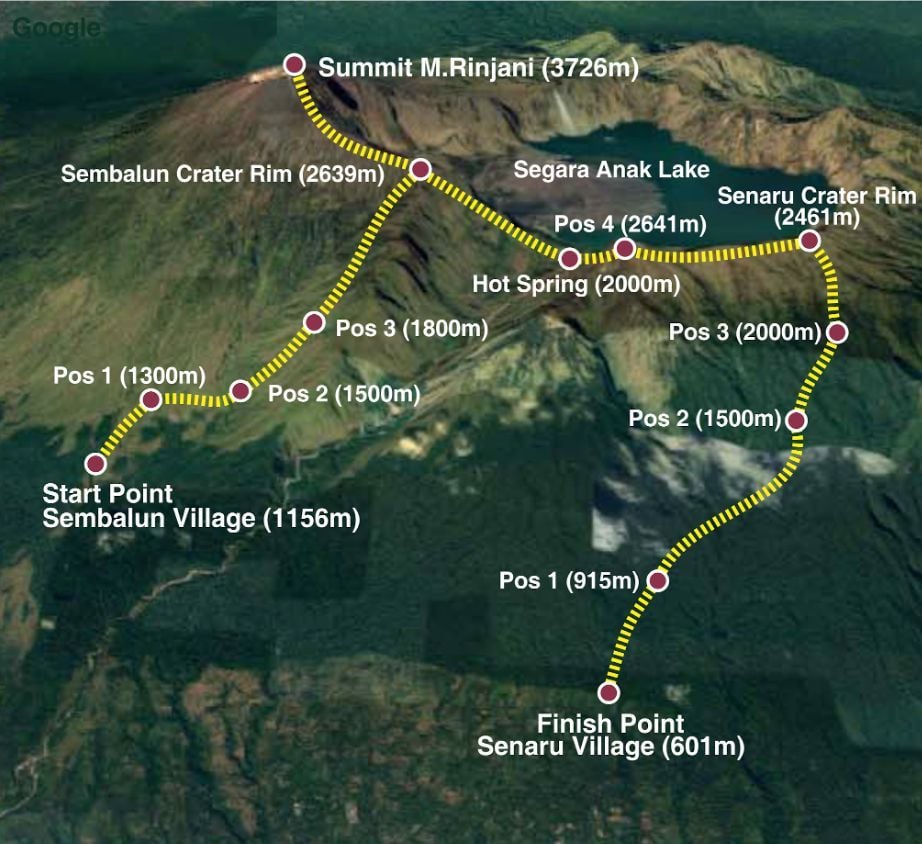 A route map of the Sembalun and Senaru Routes up Mount Rinjani. Illustration: Yangyang Li/Altai