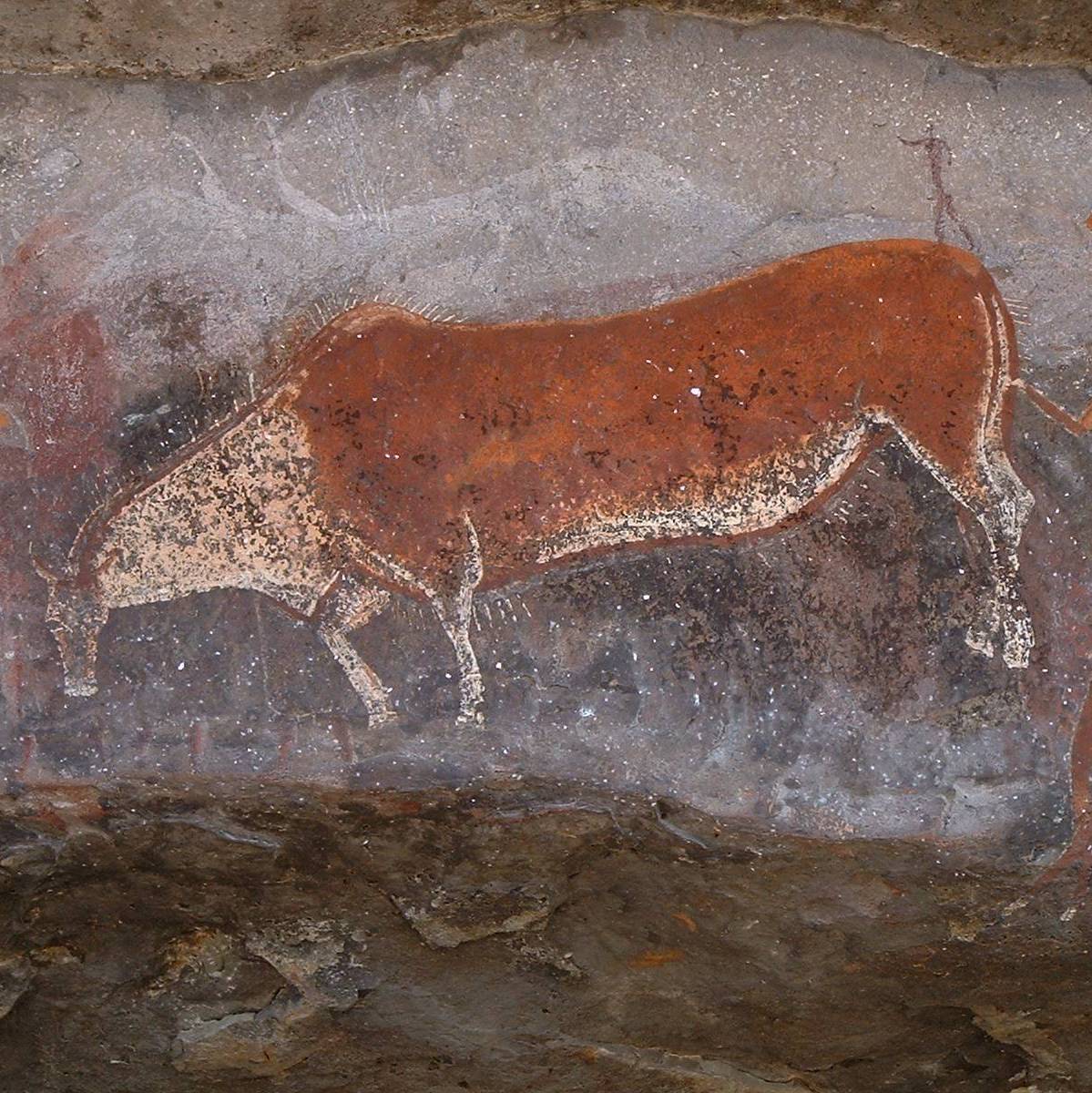 Rock art showing a shaman transferring the power of a dying eland to himself. Found in Game Pass Shelter, Drakensberg. Photo: Wikimedia Commons.