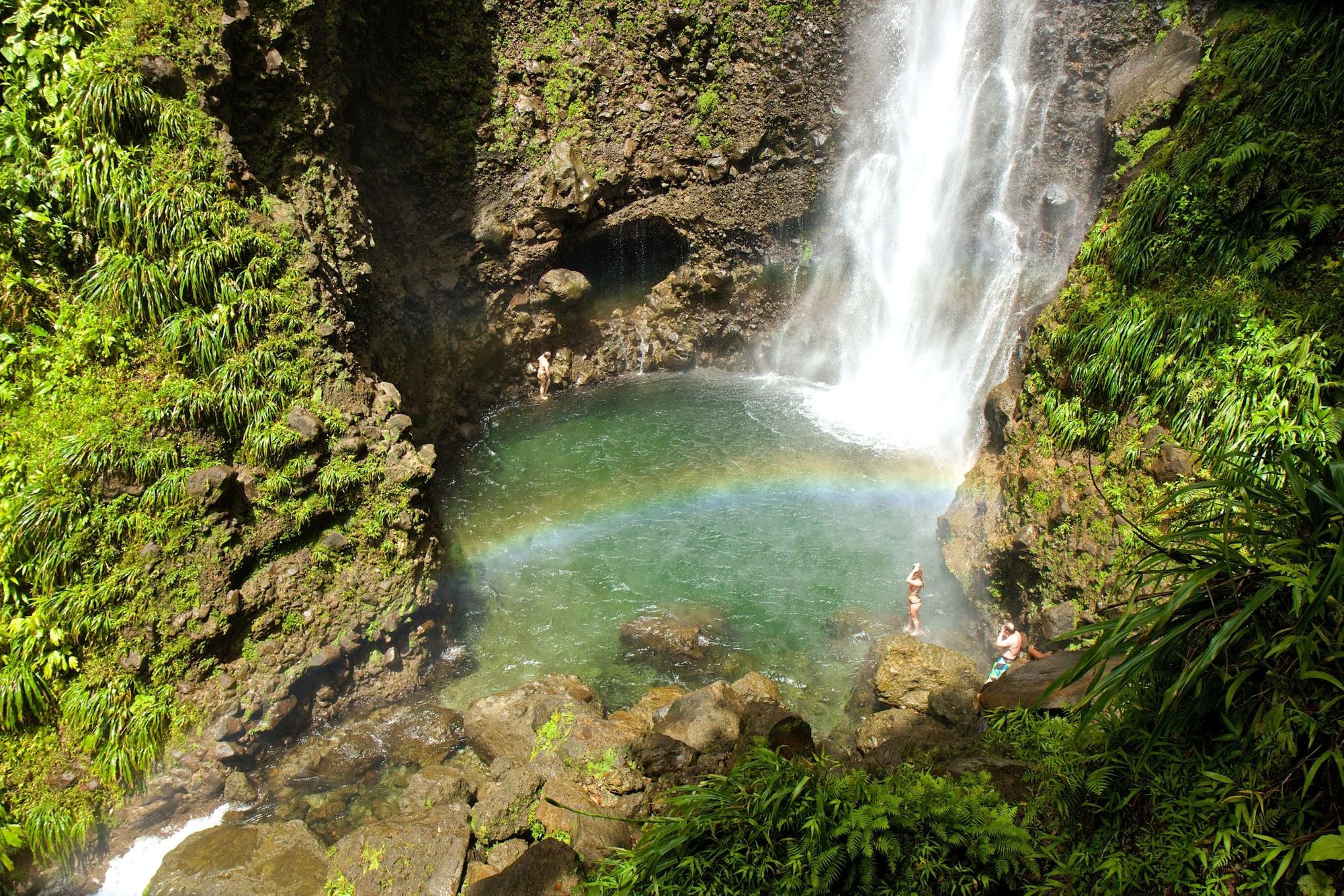 A waterpool and swim spot in Dominca, surrounded by lush greenery.