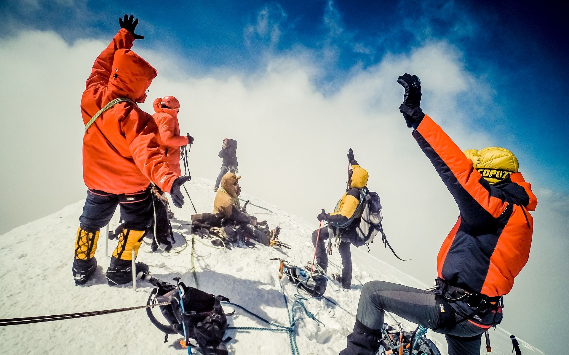 Climbers at the summit of Mount Kazbek