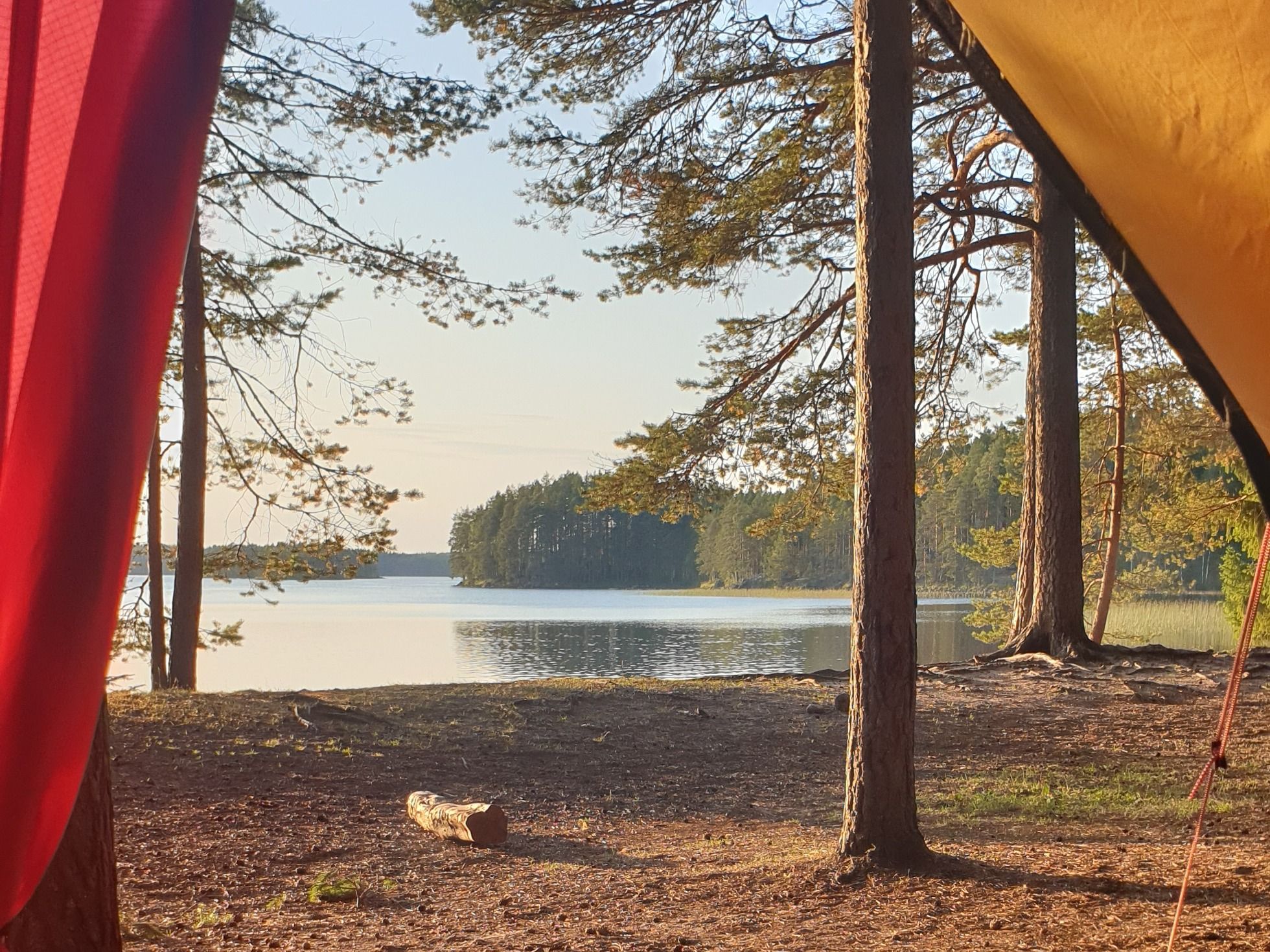 The lake and forest seen through a tent in Helvetinjärvi National Park, Finland.