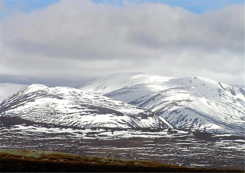 Ben Macdui, a mountain in Scotland, covered in snow.