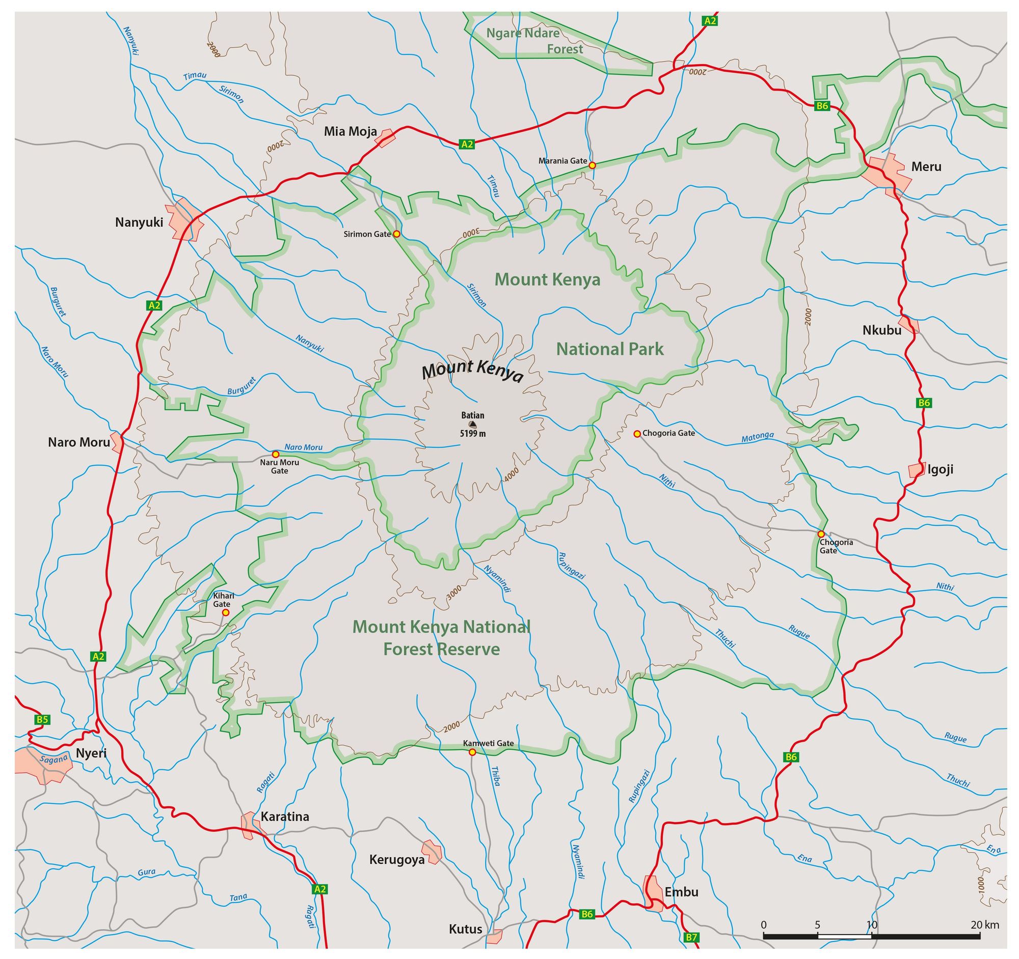 A map of the Mount Kenya National Park and Forest Reserve, including the gates of Naro Moru, Chogoria and Sirimon. Image: Getty