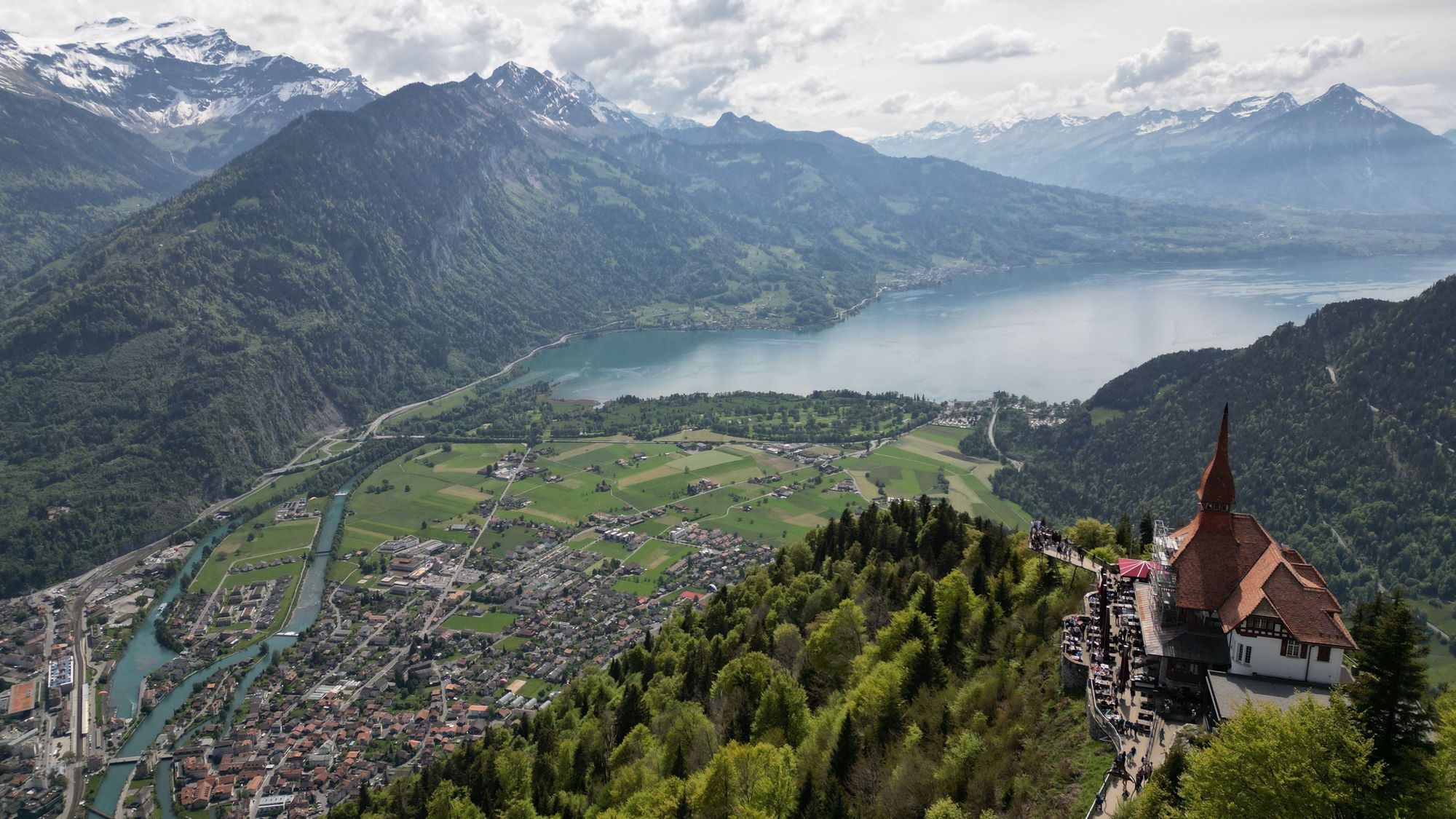 An aerial view of Harder Kulm looking back down to the town and lake in the valley. Photo: Getty