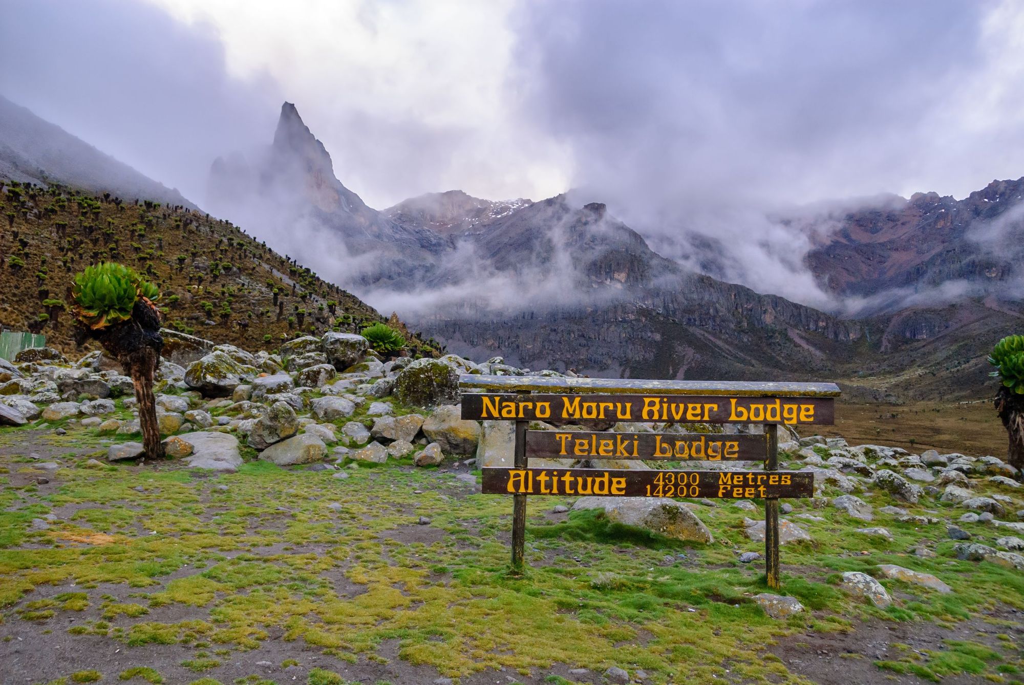 A sign post on theNaro Moru hiking trail, leading to the top of Mount Kenya. Photo: Getty