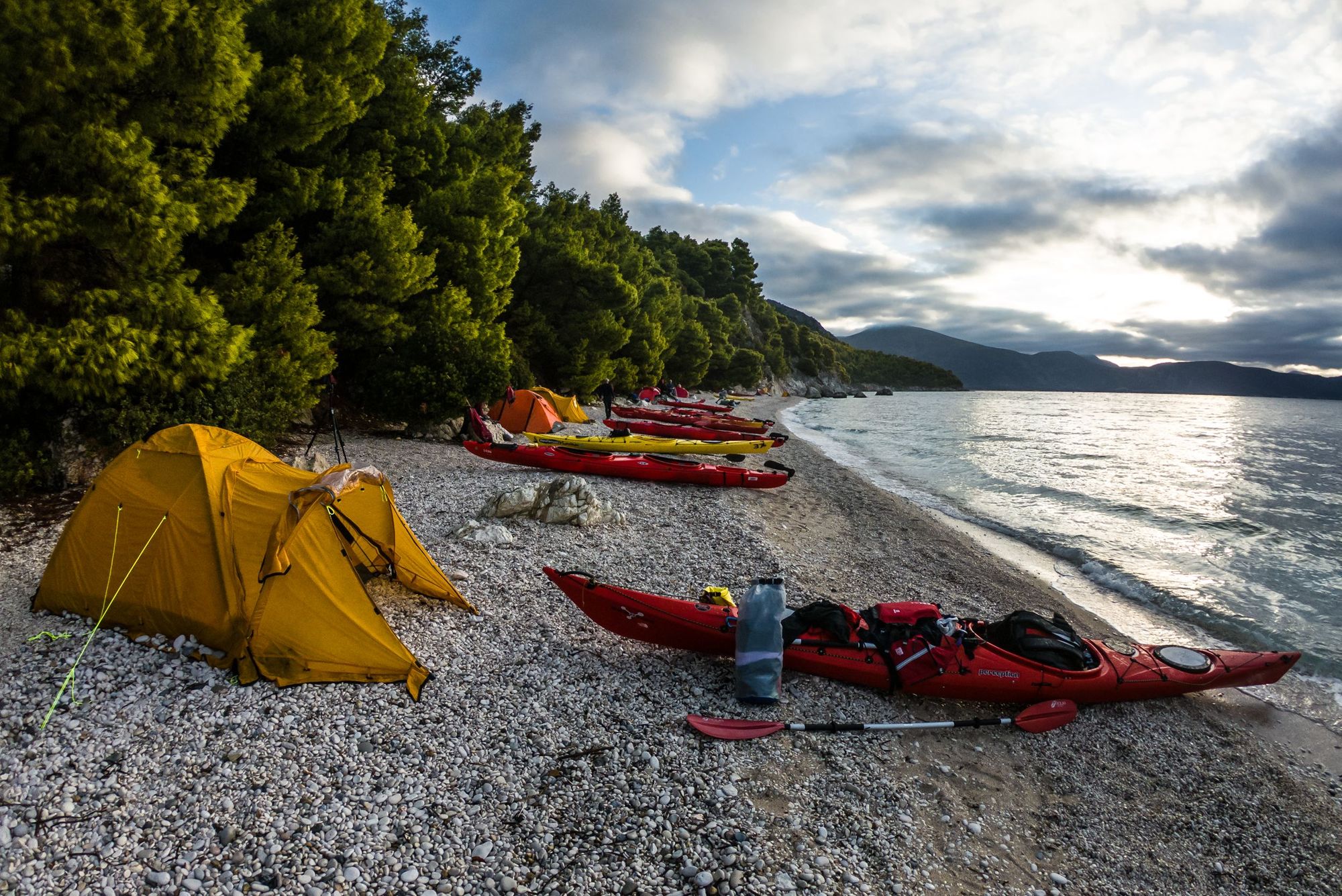 A secluded beach campsite on the Ionian Archipelago