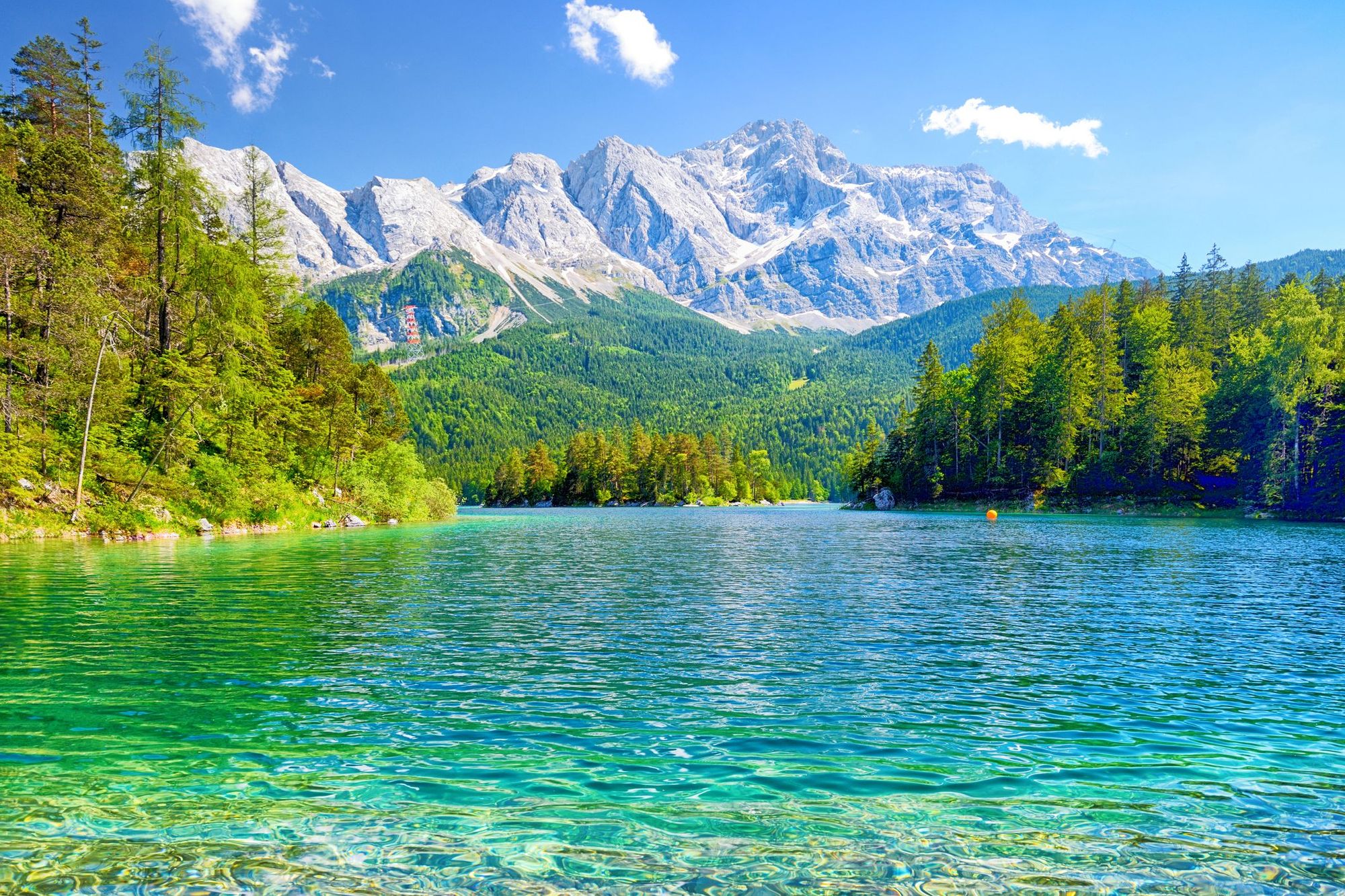 View of Lake Eibsee with the Zugspitze mountain in the background, Germany