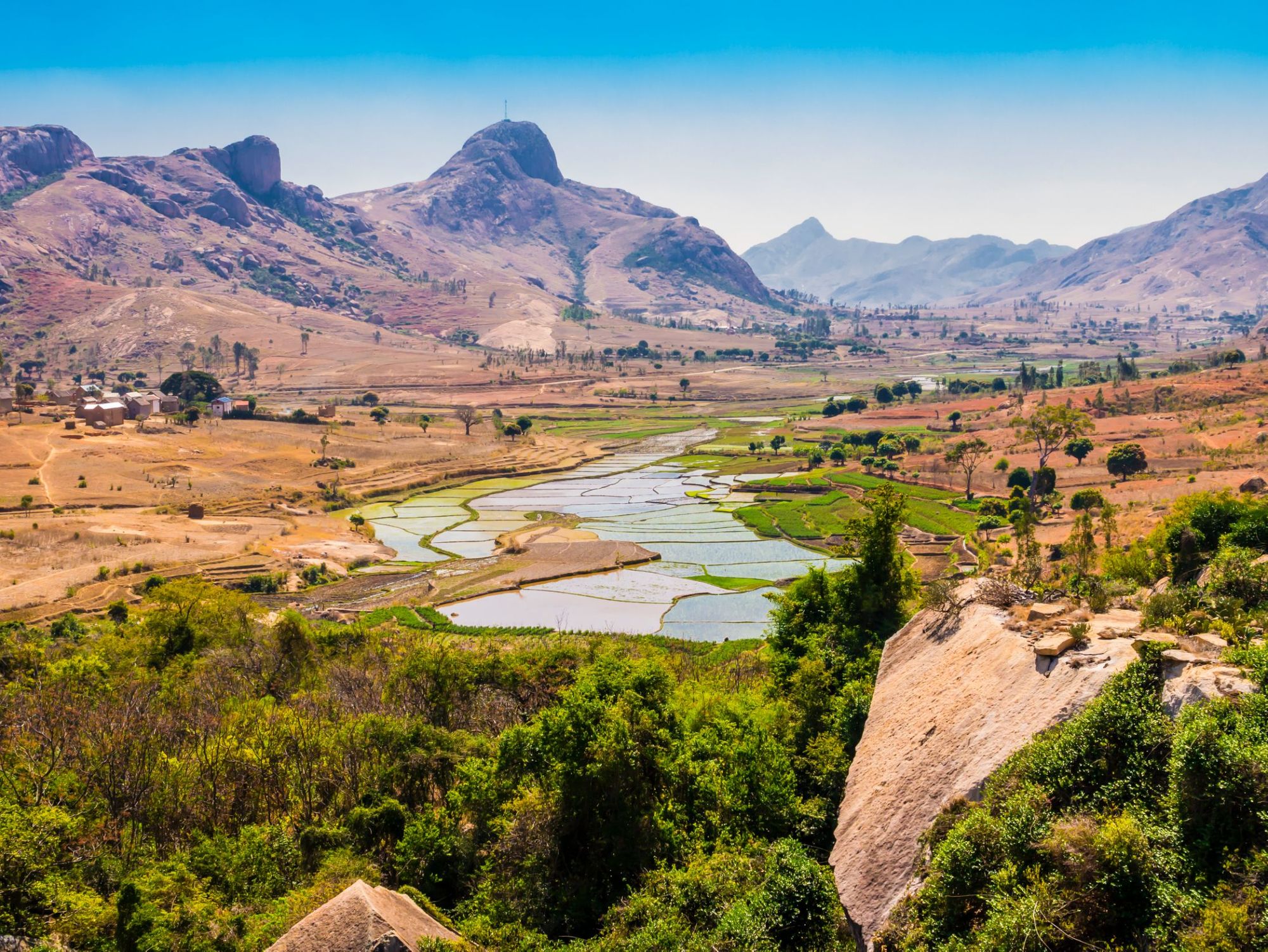 A view of the paddy fields and moutnains from Anja Community Reserve. Photo: Getty
