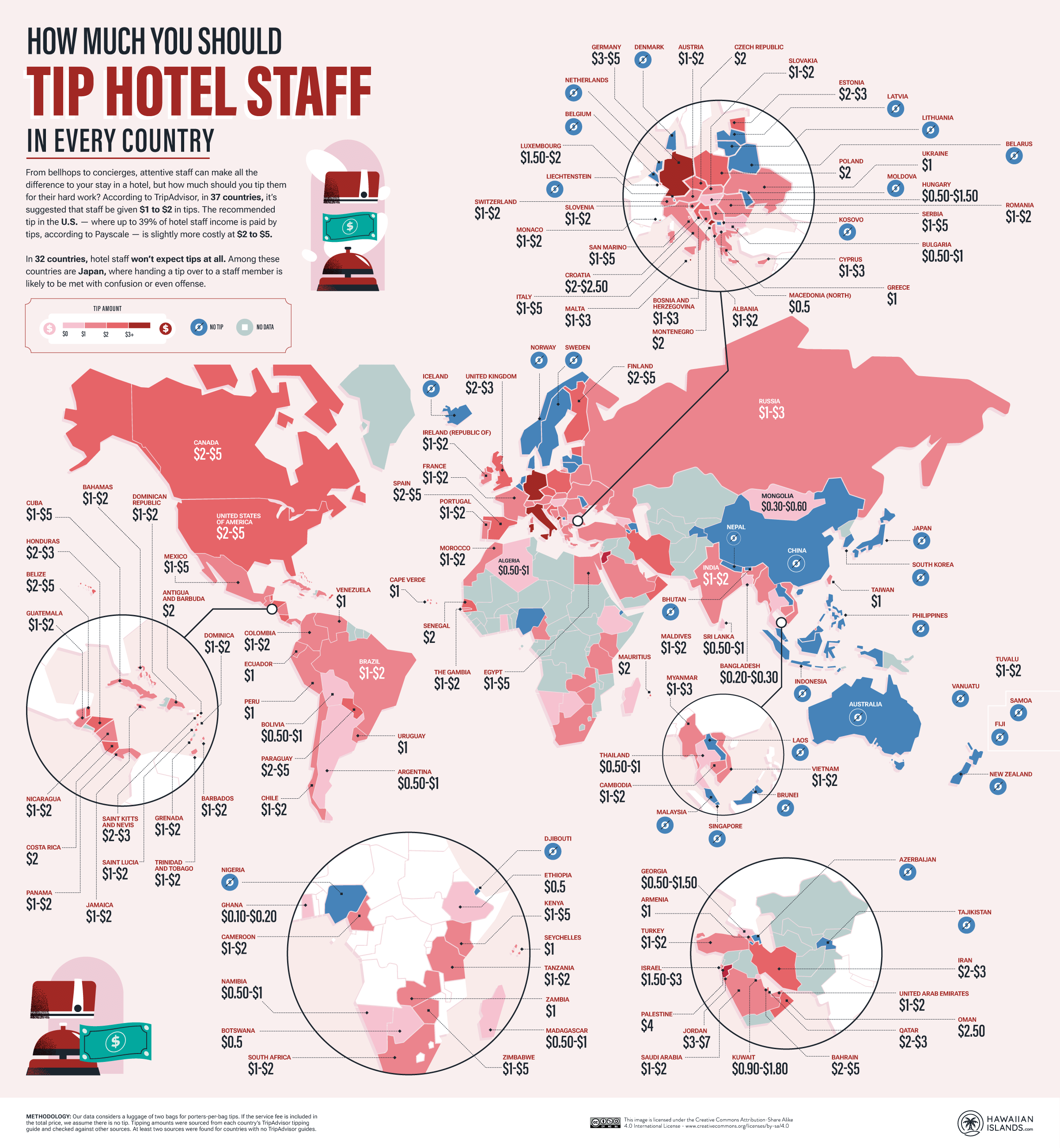 A map of how much to tip hotel staff across the world, by Visual Capitalist.
