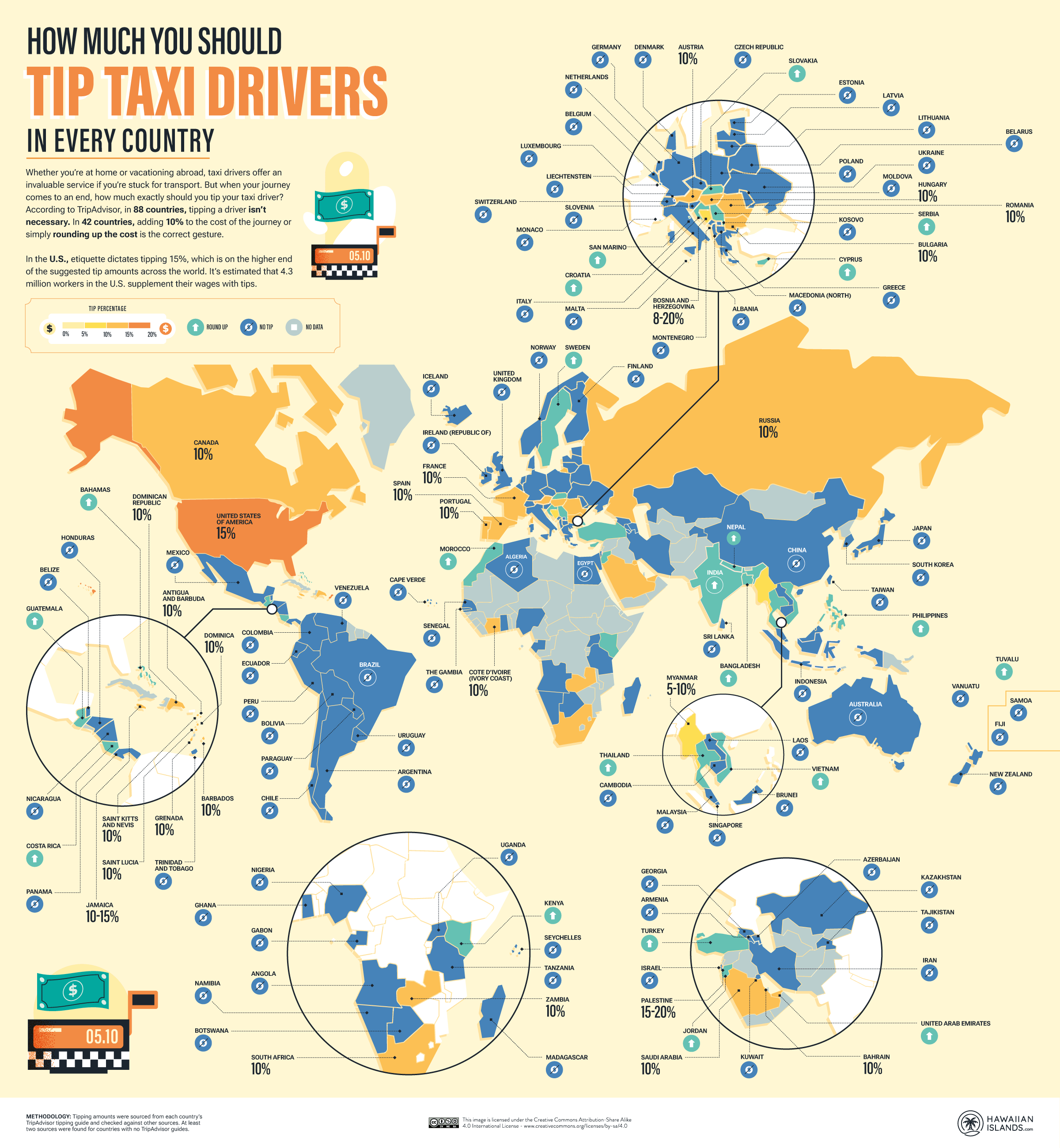 A map of how much to tip taxi drivers across the world, created by Visual Capitalist.