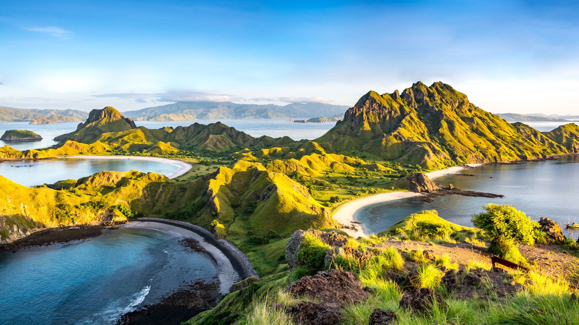 The otherworldly landscape of Padar, in Komodo National Park, where the beaches are pink, black and white. Photo: Getty
