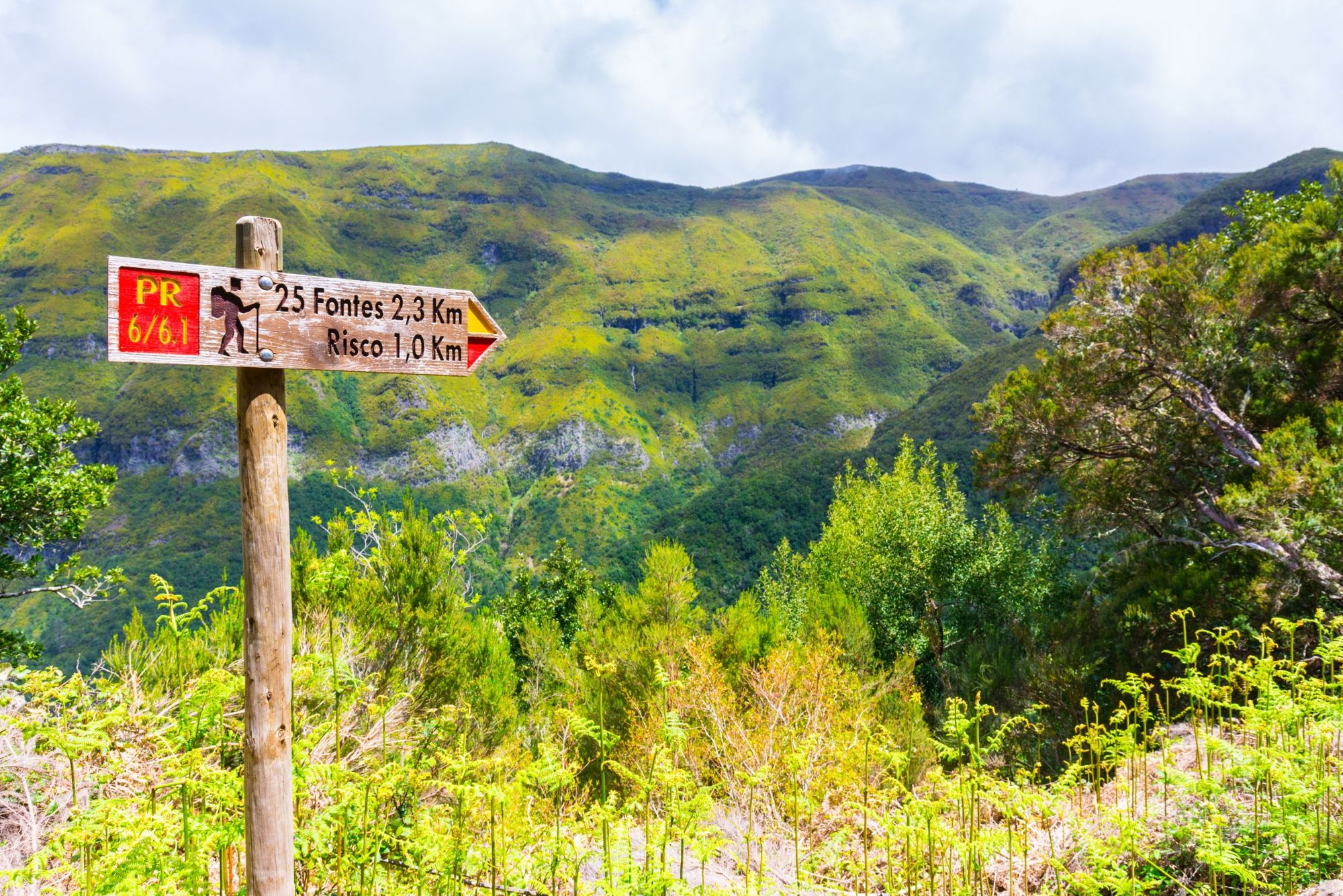 A signpost points down to the 25 Fontes, one of the best levada walks in Madeira, Portugal. Photo: Getty