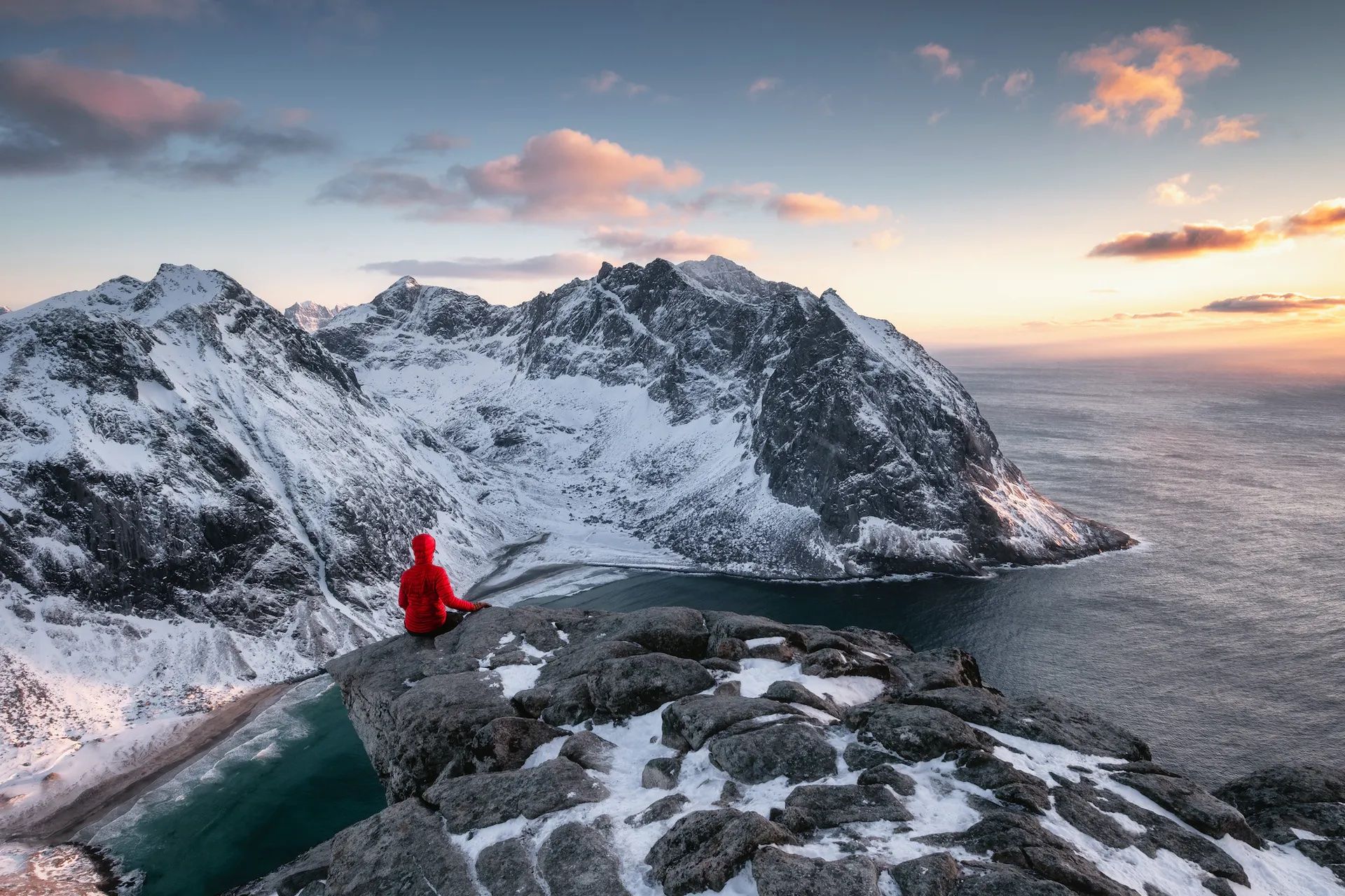 The view from Ryten over Kvlavika Beach, during winter, on the Lofoten Islands. Photo: Getty.