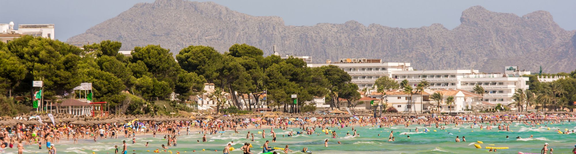 An overwhelmingly full beach in the bay of Alcudia, Mallorca - with the backdrop of a mountain range. Photo: Getty