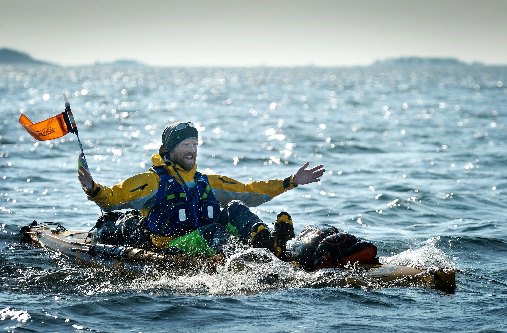 Dave Cornthwaite using a hobie kayak to cross the Finnish Baltic. Photo: Leif Rosas