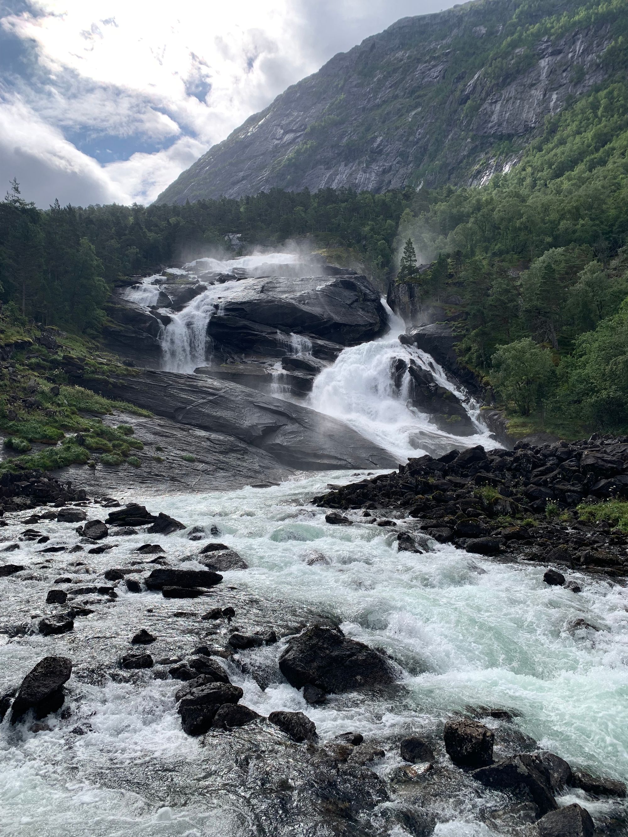 Dramatic waterfalls backed by deep green forest in the Norwegian fjords.