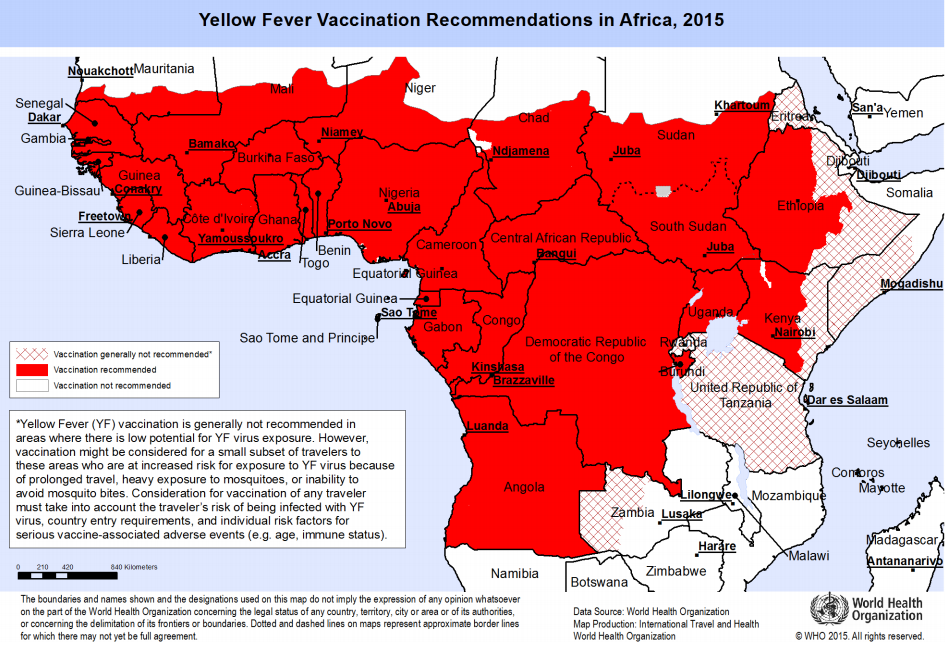 Yellow Fever risk areas/ where vaccines are recommended. Illustration: World Health Organisation/Wikimedia Commons