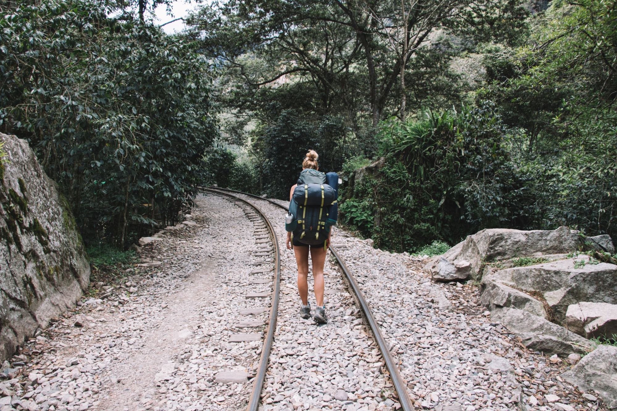 Hiking the final stretch of the route along the railway line to Aguas Calientes. Photo: Getty