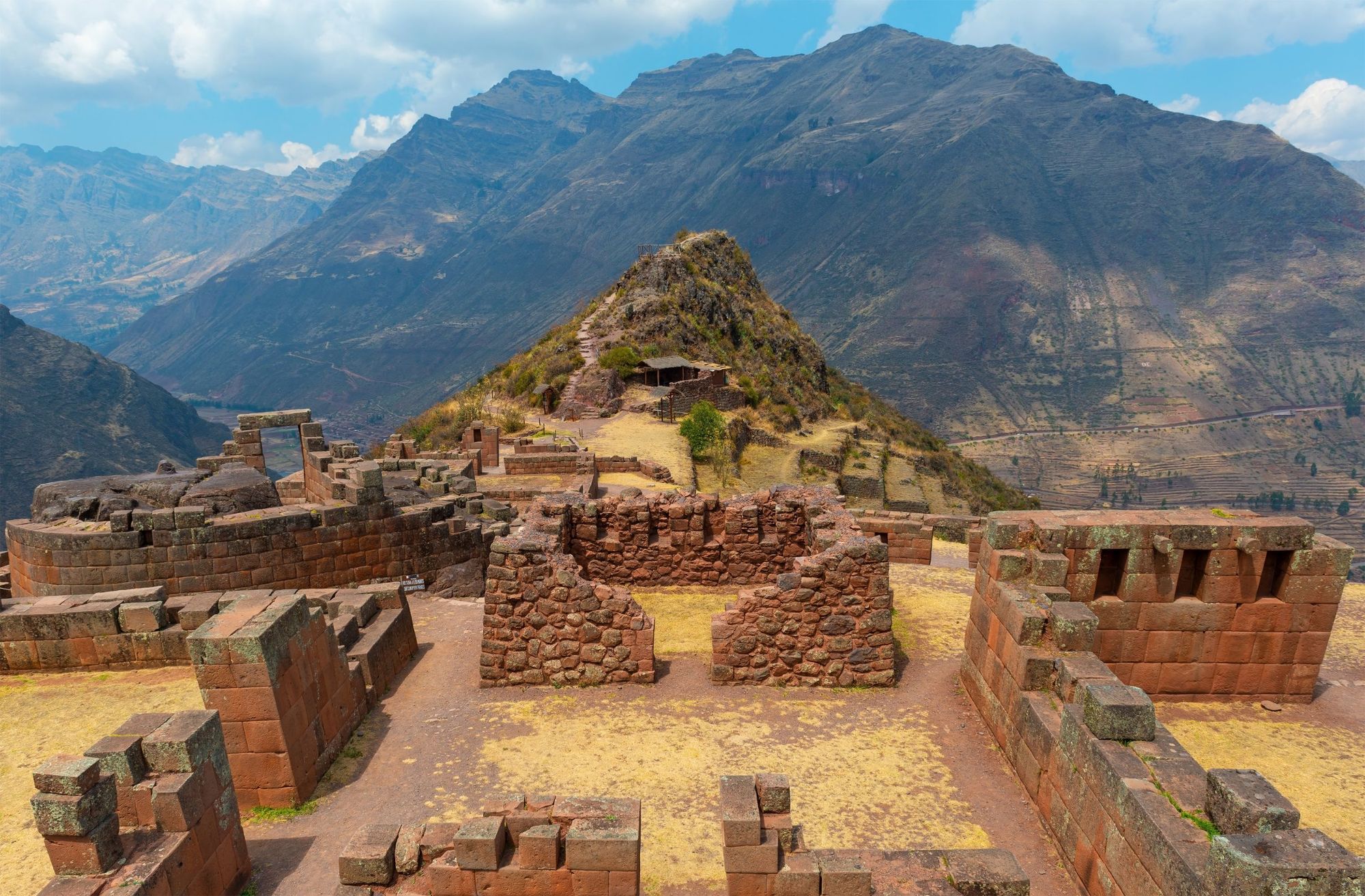 The Inca ruin of Pisac with its Sun Temple in the Andes mountains, Cusco, Peru. Photo: Getty