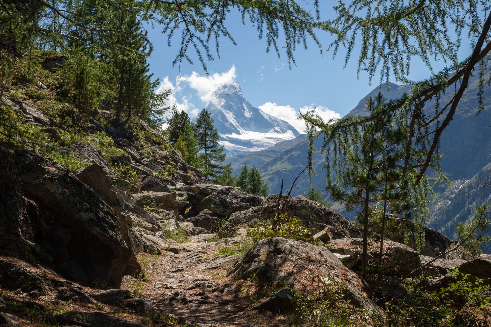 The Matterhorn peak over the Mattertal valley in Walliser aslps from Europaweg tour. Photo: Getty