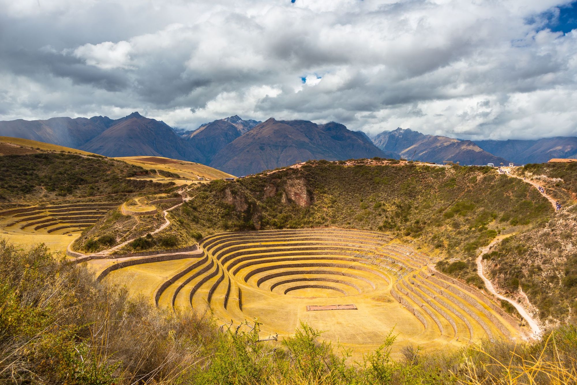 A wide angle view of the glowing majestic concentric terraces of Moray, the Inca's laboratory in the Sacred Valley. Photo: Getty