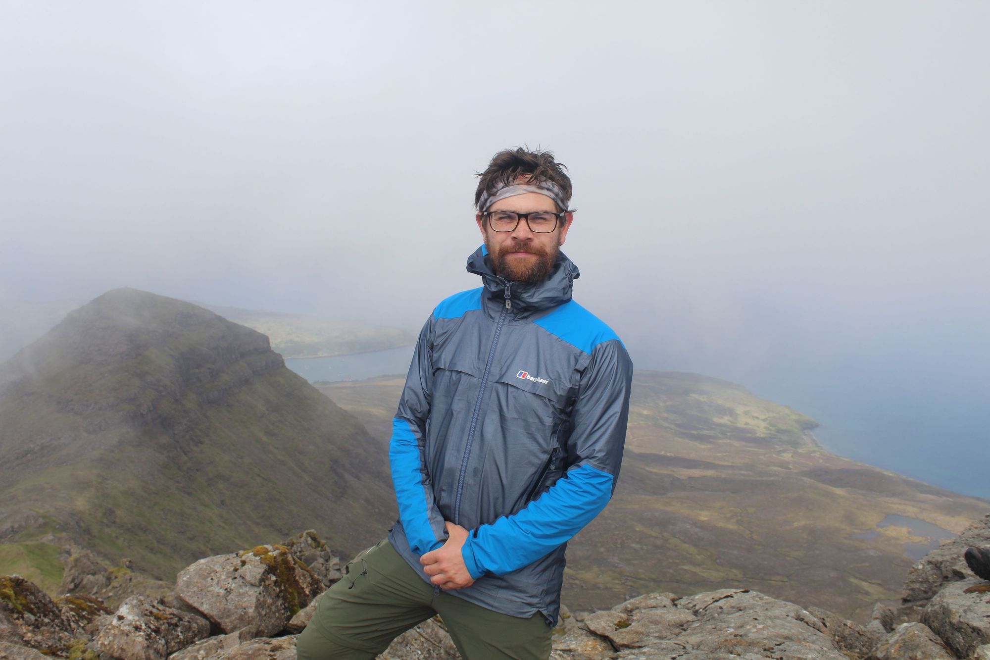 The author sporting a three-layer Berghaus G20 Storm rain jacket on Askival, the summit of the Isle of Rum. Photo: I.E.