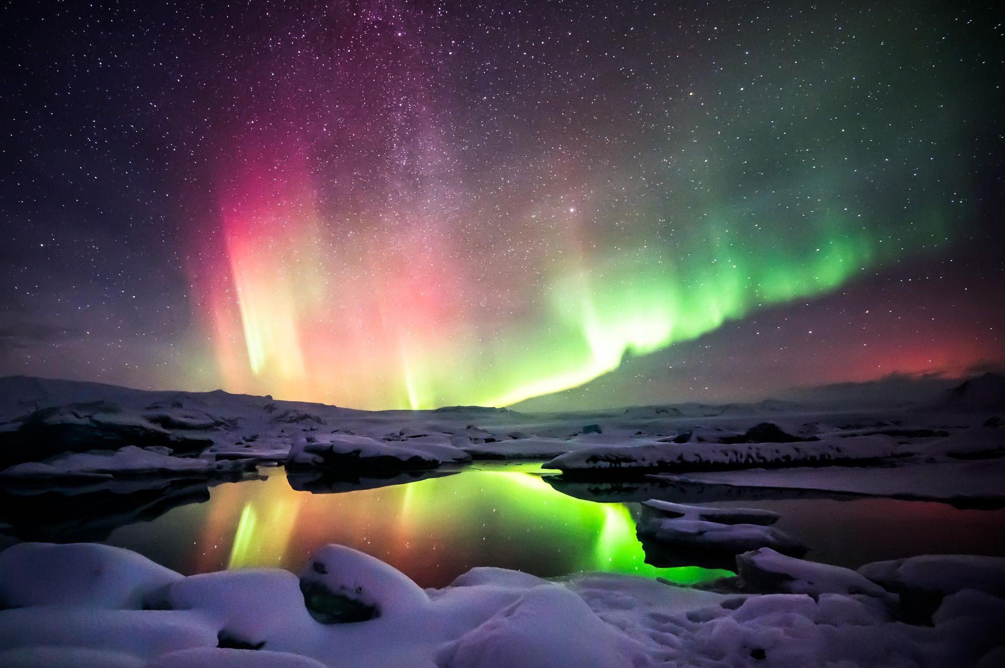 The northern lights dance over Jökulsárlón, Iceland. Photo: Getty.