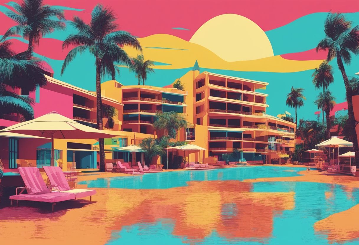 an animation of an all-inclusive resort, flooded