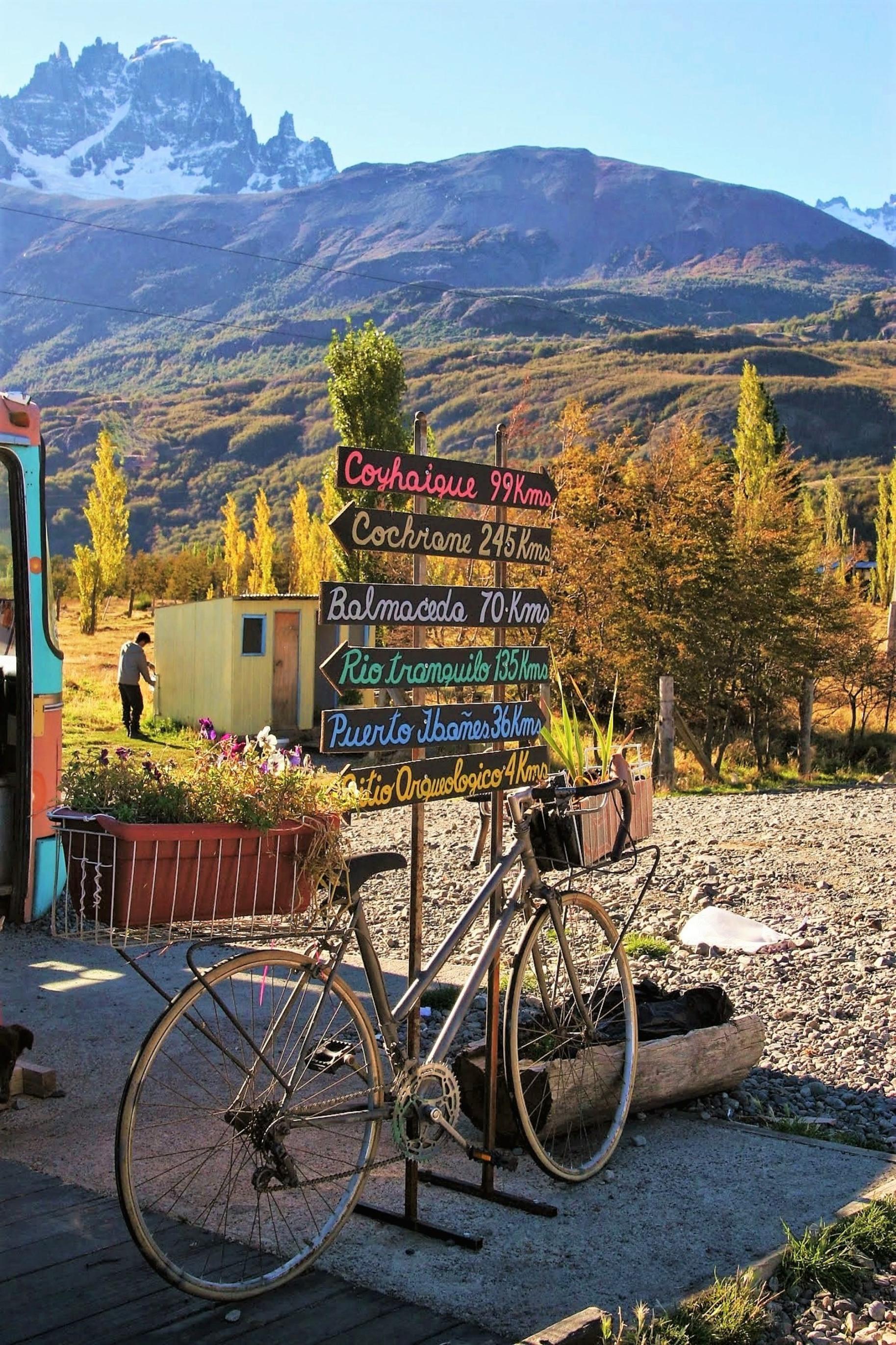 A bicycle with the backdrop of the Cerro Castillo peaks. Photo: Getty