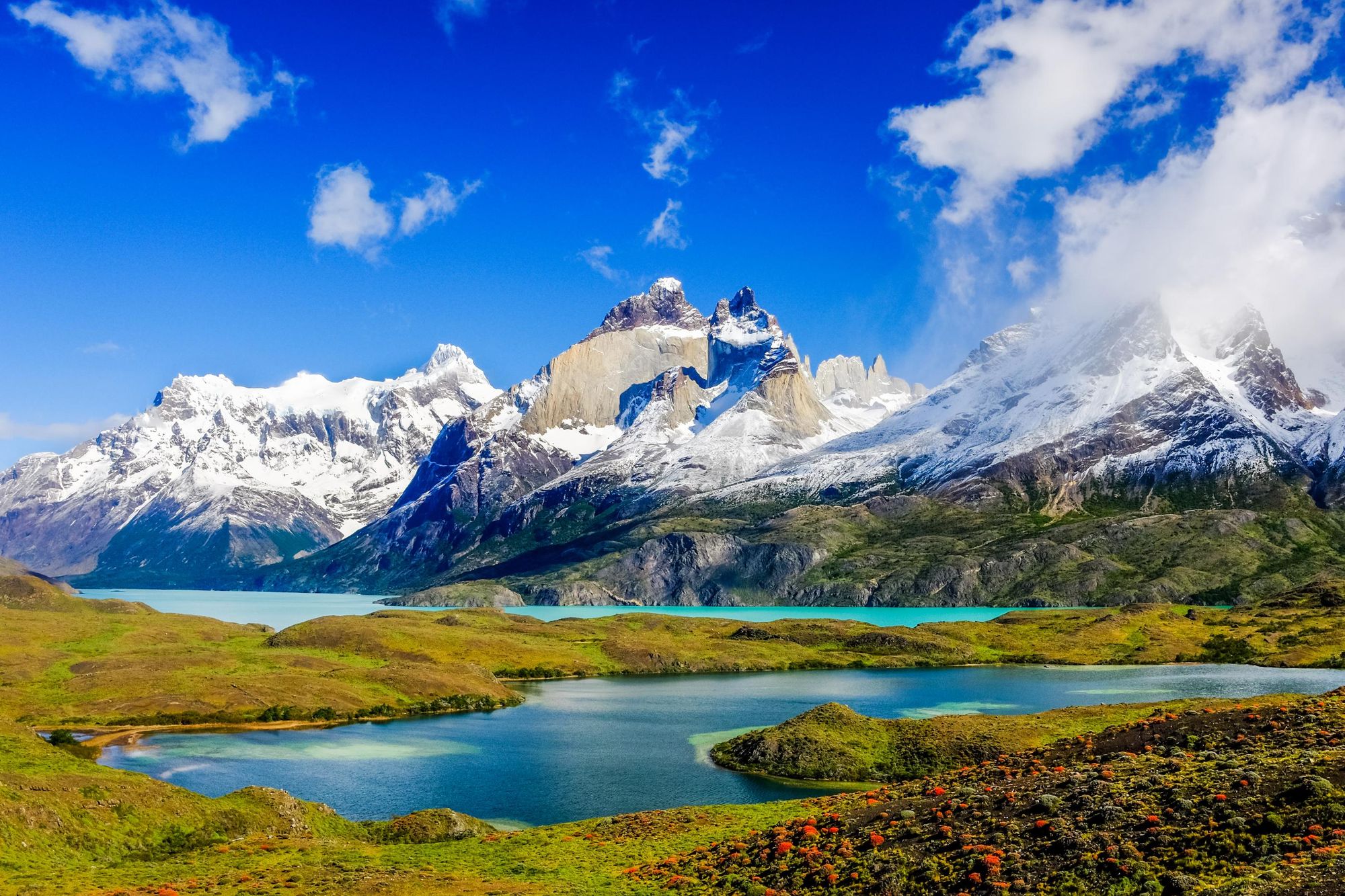 The jagged mountains of Torres del Paine, punctuated by lakes. Photo: Getty