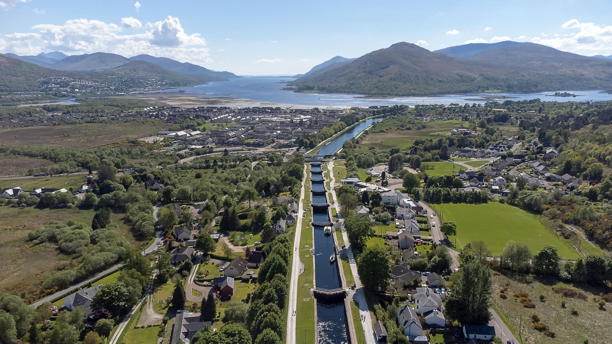 Neptune's Staircase, the longest staircase lock system in Scotland, with Loch Linnhe and Loch Eil beyond. Photo: Getty