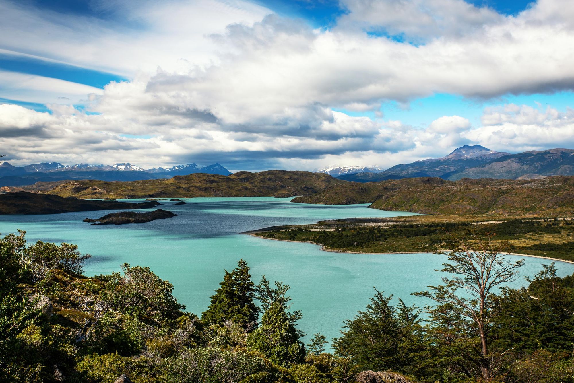 The blue water of Lake Nordenskjold from the W trek route in Torres del Paine in Patagonia, Chile. Photo: Getty