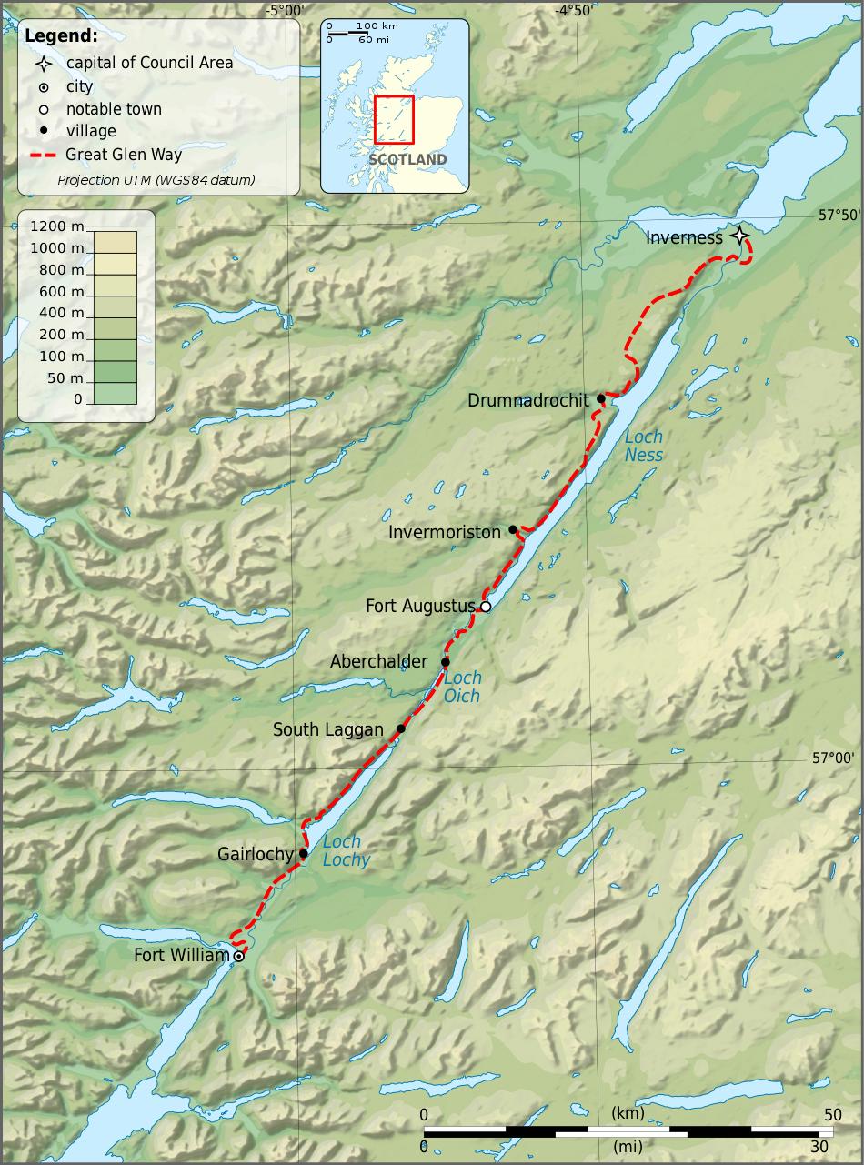 A map of the Great Glen Way. Photo: Ayack / Wiki Commons