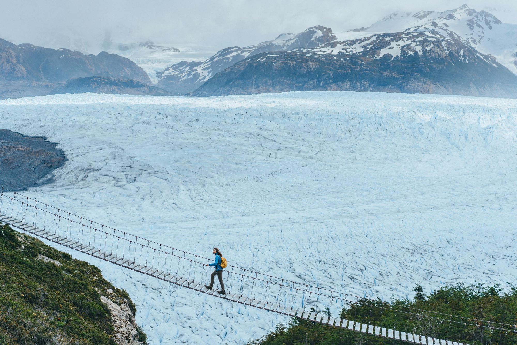 A suspension bridge looking on to Grey Glacier in Torres del Paine. Photo: Getty